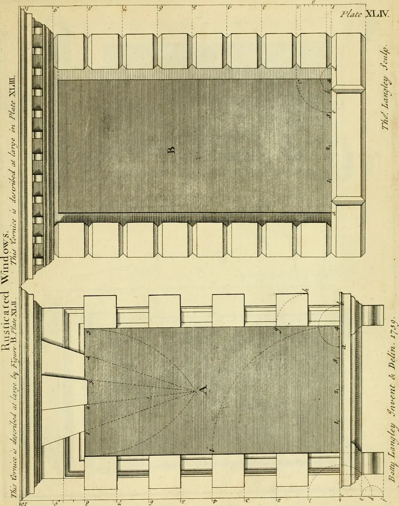 An illustration from The city and country builder's and workman's treasury of designs : or, The art of drawing and working the ornamental parts of architecture. Illustrated by upwards of four hundred grand designs, neatly engraved one hundred and eighty-fix Copper plates, for piers, gates, doors, windowns, niches, buffets, cisterns, chimney pieces, tabernacle frames, pavements, frets, gulochi's, pulpits, types, altar pieces, monuments, fonts, obelisques, pedestals, for sun-dials, busto's and stone tables, book-cafes, cielings and iron works ; proprortioned by Aliquot Pars ; with an appendix of fourteen plates of strusses for girders and beams, different sorts of rafters, and a variety of roofs, &c ; to which are prefix'd the five orders of columns, according to Andrea Palladio ; whose members are apportioned by Aliquot Pars, in a more easy manner, than has yet been done ; the whole interspersed with sure rules for working all the varieties of raking members in pediments, modilions, &c. the like, for the immediate use of workmen, never published before in any language, 1741, leaf 114