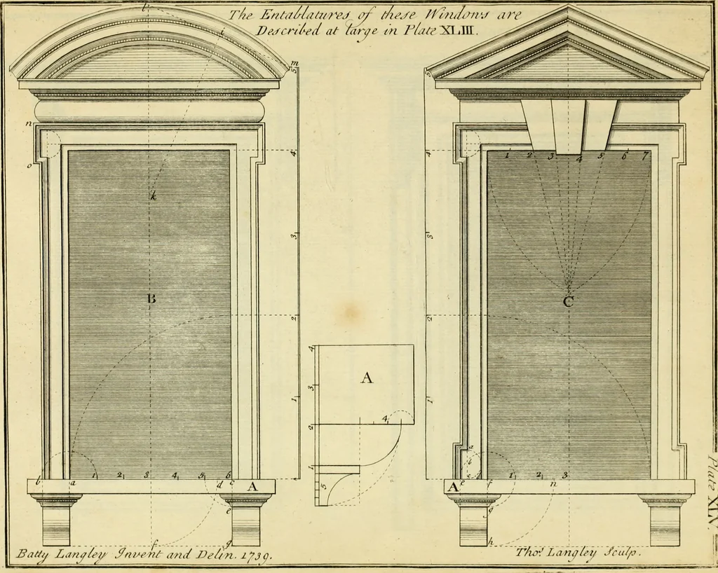 An illustration from The city and country builder's and workman's treasury of designs : or, The art of drawing and working the ornamental parts of architecture. Illustrated by upwards of four hundred grand designs, neatly engraved one hundred and eighty-fix Copper plates, for piers, gates, doors, windowns, niches, buffets, cisterns, chimney pieces, tabernacle frames, pavements, frets, gulochi's, pulpits, types, altar pieces, monuments, fonts, obelisques, pedestals, for sun-dials, busto's and stone tables, book-cafes, cielings and iron works ; proprortioned by Aliquot Pars ; with an appendix of fourteen plates of strusses for girders and beams, different sorts of rafters, and a variety of roofs, &c ; to which are prefix'd the five orders of columns, according to Andrea Palladio ; whose members are apportioned by Aliquot Pars, in a more easy manner, than has yet been done ; the whole interspersed with sure rules for working all the varieties of raking members in pediments, modilions, &c. the like, for the immediate use of workmen, never published before in any language, 1741, leaf 116