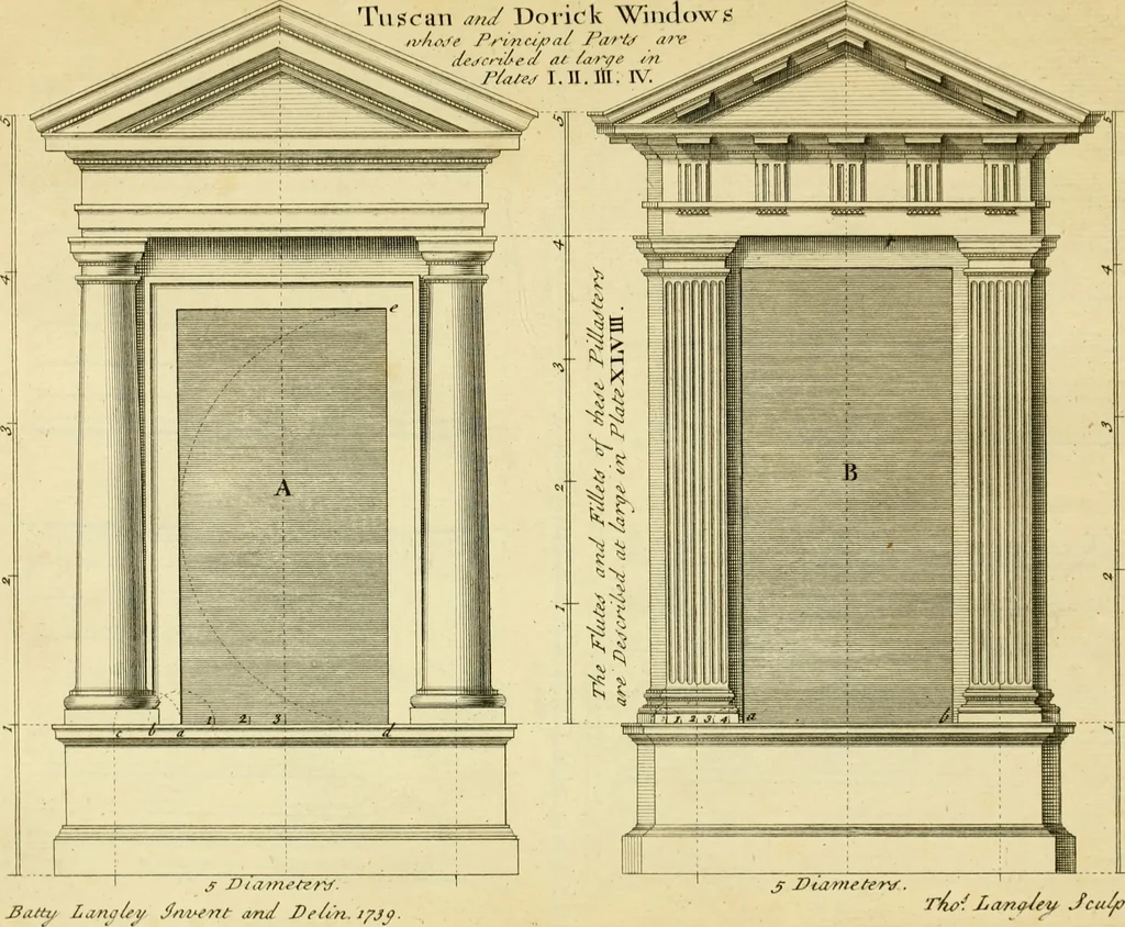 An illustration from The city and country builder's and workman's treasury of designs : or, The art of drawing and working the ornamental parts of architecture. Illustrated by upwards of four hundred grand designs, neatly engraved one hundred and eighty-fix Copper plates, for piers, gates, doors, windowns, niches, buffets, cisterns, chimney pieces, tabernacle frames, pavements, frets, gulochi's, pulpits, types, altar pieces, monuments, fonts, obelisques, pedestals, for sun-dials, busto's and stone tables, book-cafes, cielings and iron works ; proprortioned by Aliquot Pars ; with an appendix of fourteen plates of strusses for girders and beams, different sorts of rafters, and a variety of roofs, &c ; to which are prefix'd the five orders of columns, according to Andrea Palladio ; whose members are apportioned by Aliquot Pars, in a more easy manner, than has yet been done ; the whole interspersed with sure rules for working all the varieties of raking members in pediments, modilions, &c. the like, for the immediate use of workmen, never published before in any language, 1741, leaf 120
