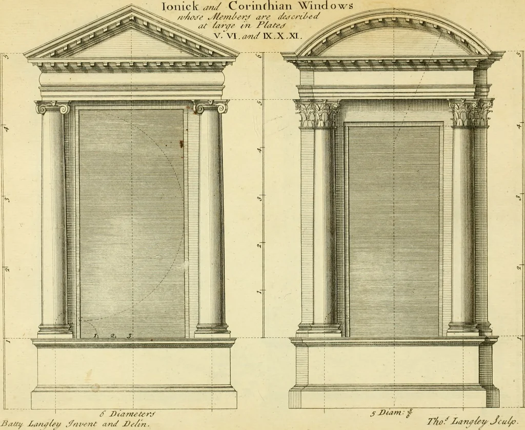 An illustration from The city and country builder's and workman's treasury of designs : or, The art of drawing and working the ornamental parts of architecture. Illustrated by upwards of four hundred grand designs, neatly engraved one hundred and eighty-fix Copper plates, for piers, gates, doors, windowns, niches, buffets, cisterns, chimney pieces, tabernacle frames, pavements, frets, gulochi's, pulpits, types, altar pieces, monuments, fonts, obelisques, pedestals, for sun-dials, busto's and stone tables, book-cafes, cielings and iron works ; proprortioned by Aliquot Pars ; with an appendix of fourteen plates of strusses for girders and beams, different sorts of rafters, and a variety of roofs, &c ; to which are prefix'd the five orders of columns, according to Andrea Palladio ; whose members are apportioned by Aliquot Pars, in a more easy manner, than has yet been done ; the whole interspersed with sure rules for working all the varieties of raking members in pediments, modilions, &c. the like, for the immediate use of workmen, never published before in any language, 1741, leaf 124