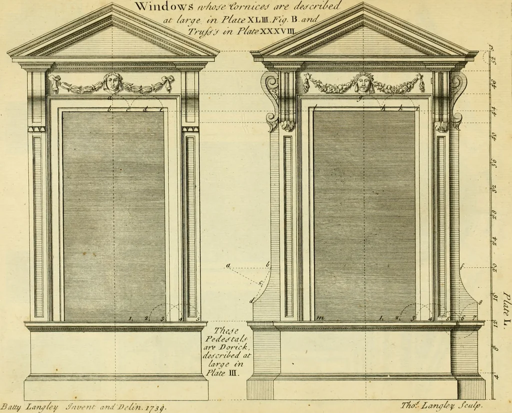 An illustration from The city and country builder's and workman's treasury of designs : or, The art of drawing and working the ornamental parts of architecture. Illustrated by upwards of four hundred grand designs, neatly engraved one hundred and eighty-fix Copper plates, for piers, gates, doors, windowns, niches, buffets, cisterns, chimney pieces, tabernacle frames, pavements, frets, gulochi's, pulpits, types, altar pieces, monuments, fonts, obelisques, pedestals, for sun-dials, busto's and stone tables, book-cafes, cielings and iron works ; proprortioned by Aliquot Pars ; with an appendix of fourteen plates of strusses for girders and beams, different sorts of rafters, and a variety of roofs, &c ; to which are prefix'd the five orders of columns, according to Andrea Palladio ; whose members are apportioned by Aliquot Pars, in a more easy manner, than has yet been done ; the whole interspersed with sure rules for working all the varieties of raking members in pediments, modilions, &c. the like, for the immediate use of workmen, never published before in any language, 1741, leaf 126