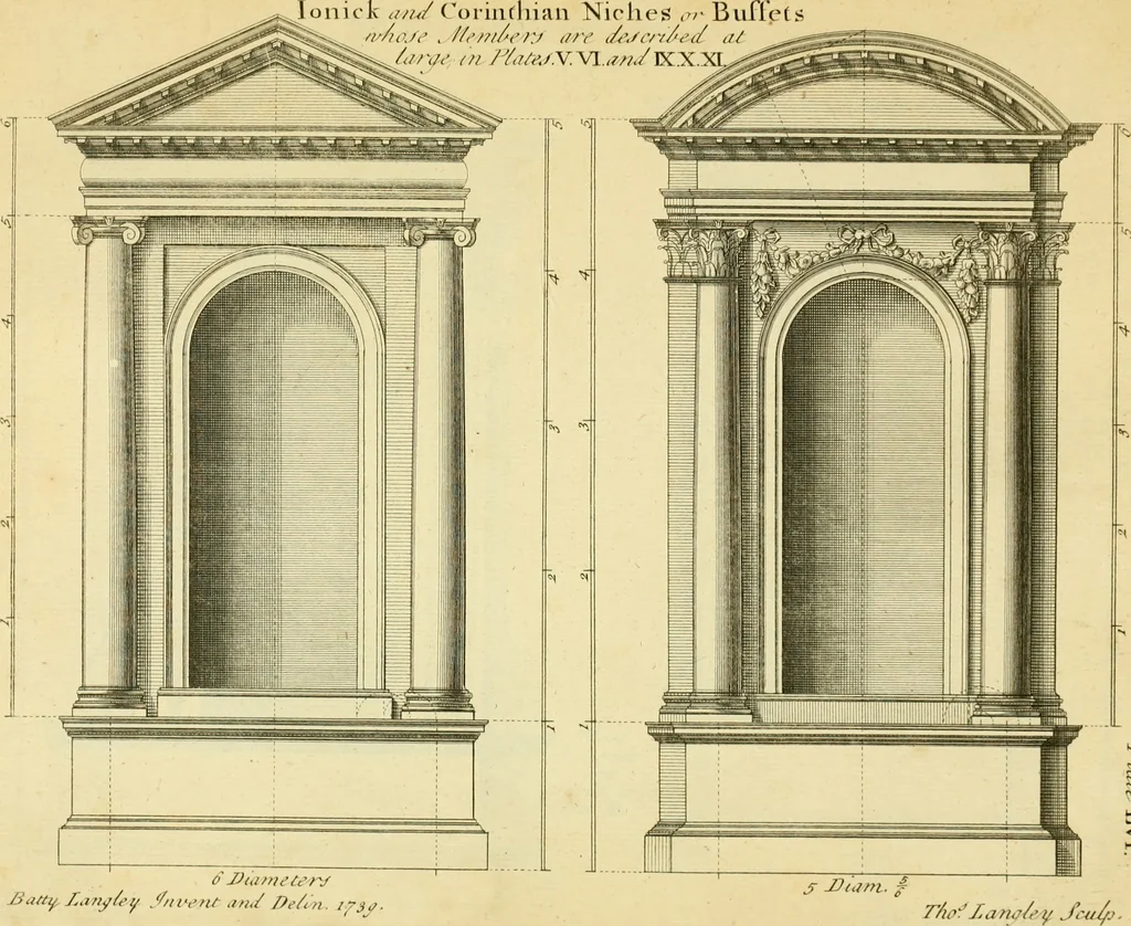 An illustration from The city and country builder's and workman's treasury of designs : or, The art of drawing and working the ornamental parts of architecture. Illustrated by upwards of four hundred grand designs, neatly engraved one hundred and eighty-fix Copper plates, for piers, gates, doors, windowns, niches, buffets, cisterns, chimney pieces, tabernacle frames, pavements, frets, gulochi's, pulpits, types, altar pieces, monuments, fonts, obelisques, pedestals, for sun-dials, busto's and stone tables, book-cafes, cielings and iron works ; proprortioned by Aliquot Pars ; with an appendix of fourteen plates of strusses for girders and beams, different sorts of rafters, and a variety of roofs, &c ; to which are prefix'd the five orders of columns, according to Andrea Palladio ; whose members are apportioned by Aliquot Pars, in a more easy manner, than has yet been done ; the whole interspersed with sure rules for working all the varieties of raking members in pediments, modilions, &c. the like, for the immediate use of workmen, never published before in any language, 1741, leaf 138