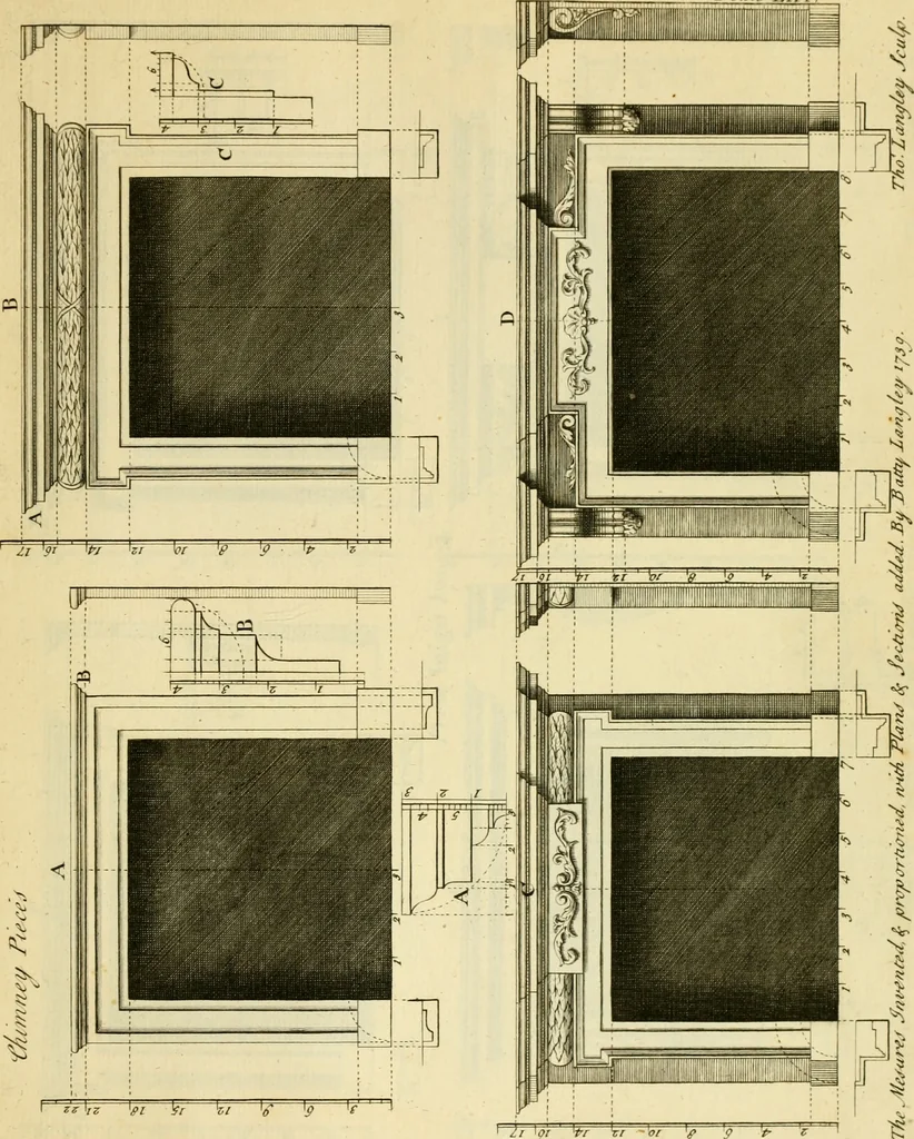 An illustration from The city and country builder's and workman's treasury of designs : or, The art of drawing and working the ornamental parts of architecture. Illustrated by upwards of four hundred grand designs, neatly engraved one hundred and eighty-fix Copper plates, for piers, gates, doors, windowns, niches, buffets, cisterns, chimney pieces, tabernacle frames, pavements, frets, gulochi's, pulpits, types, altar pieces, monuments, fonts, obelisques, pedestals, for sun-dials, busto's and stone tables, book-cafes, cielings and iron works ; proprortioned by Aliquot Pars ; with an appendix of fourteen plates of strusses for girders and beams, different sorts of rafters, and a variety of roofs, &c ; to which are prefix'd the five orders of columns, according to Andrea Palladio ; whose members are apportioned by Aliquot Pars, in a more easy manner, than has yet been done ; the whole interspersed with sure rules for working all the varieties of raking members in pediments, modilions, &c. the like, for the immediate use of workmen, never published before in any language, 1741, leaf 146