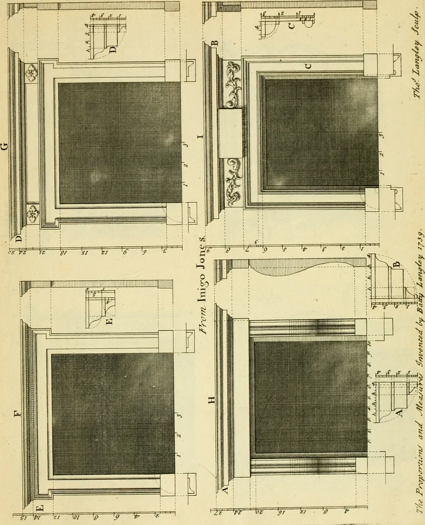An illustration from The city and country builder's and workman's treasury of designs : or, The art of drawing and working the ornamental parts of architecture. Illustrated by upwards of four hundred grand designs, neatly engraved one hundred and eighty-fix Copper plates, for piers, gates, doors, windowns, niches, buffets, cisterns, chimney pieces, tabernacle frames, pavements, frets, gulochi's, pulpits, types, altar pieces, monuments, fonts, obelisques, pedestals, for sun-dials, busto's and stone tables, book-cafes, cielings and iron works ; proprortioned by Aliquot Pars ; with an appendix of fourteen plates of strusses for girders and beams, different sorts of rafters, and a variety of roofs, &c ; to which are prefix'd the five orders of columns, according to Andrea Palladio ; whose members are apportioned by Aliquot Pars, in a more easy manner, than has yet been done ; the whole interspersed with sure rules for working all the varieties of raking members in pediments, modilions, &c. the like, for the immediate use of workmen, never published before in any language, 1741, leaf 148