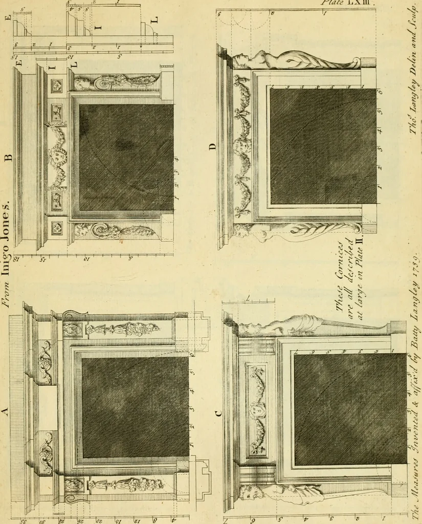 An illustration from The city and country builder's and workman's treasury of designs : or, The art of drawing and working the ornamental parts of architecture. Illustrated by upwards of four hundred grand designs, neatly engraved one hundred and eighty-fix Copper plates, for piers, gates, doors, windowns, niches, buffets, cisterns, chimney pieces, tabernacle frames, pavements, frets, gulochi's, pulpits, types, altar pieces, monuments, fonts, obelisques, pedestals, for sun-dials, busto's and stone tables, book-cafes, cielings and iron works ; proprortioned by Aliquot Pars ; with an appendix of fourteen plates of strusses for girders and beams, different sorts of rafters, and a variety of roofs, &c ; to which are prefix'd the five orders of columns, according to Andrea Palladio ; whose members are apportioned by Aliquot Pars, in a more easy manner, than has yet been done ; the whole interspersed with sure rules for working all the varieties of raking members in pediments, modilions, &c. the like, for the immediate use of workmen, never published before in any language, 1741, leaf 150