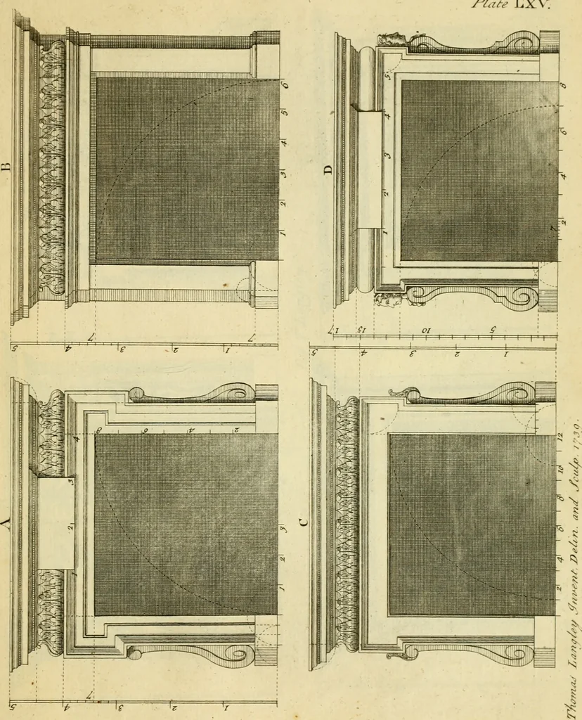 An illustration from The city and country builder's and workman's treasury of designs : or, The art of drawing and working the ornamental parts of architecture. Illustrated by upwards of four hundred grand designs, neatly engraved one hundred and eighty-fix Copper plates, for piers, gates, doors, windowns, niches, buffets, cisterns, chimney pieces, tabernacle frames, pavements, frets, gulochi's, pulpits, types, altar pieces, monuments, fonts, obelisques, pedestals, for sun-dials, busto's and stone tables, book-cafes, cielings and iron works ; proprortioned by Aliquot Pars ; with an appendix of fourteen plates of strusses for girders and beams, different sorts of rafters, and a variety of roofs, &c ; to which are prefix'd the five orders of columns, according to Andrea Palladio ; whose members are apportioned by Aliquot Pars, in a more easy manner, than has yet been done ; the whole interspersed with sure rules for working all the varieties of raking members in pediments, modilions, &c. the like, for the immediate use of workmen, never published before in any language, 1741, leaf 154