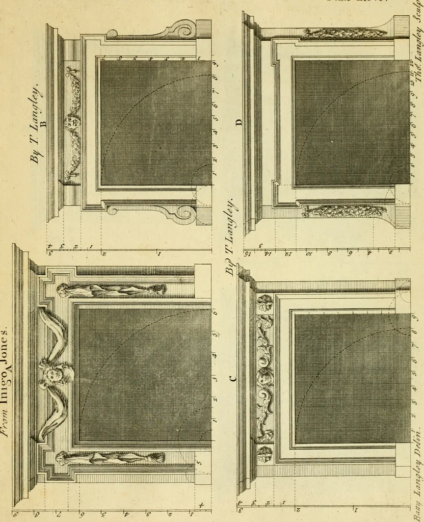 An illustration from The city and country builder's and workman's treasury of designs : or, The art of drawing and working the ornamental parts of architecture. Illustrated by upwards of four hundred grand designs, neatly engraved one hundred and eighty-fix Copper plates, for piers, gates, doors, windowns, niches, buffets, cisterns, chimney pieces, tabernacle frames, pavements, frets, gulochi's, pulpits, types, altar pieces, monuments, fonts, obelisques, pedestals, for sun-dials, busto's and stone tables, book-cafes, cielings and iron works ; proprortioned by Aliquot Pars ; with an appendix of fourteen plates of strusses for girders and beams, different sorts of rafters, and a variety of roofs, &c ; to which are prefix'd the five orders of columns, according to Andrea Palladio ; whose members are apportioned by Aliquot Pars, in a more easy manner, than has yet been done ; the whole interspersed with sure rules for working all the varieties of raking members in pediments, modilions, &c. the like, for the immediate use of workmen, never published before in any language, 1741, leaf 156