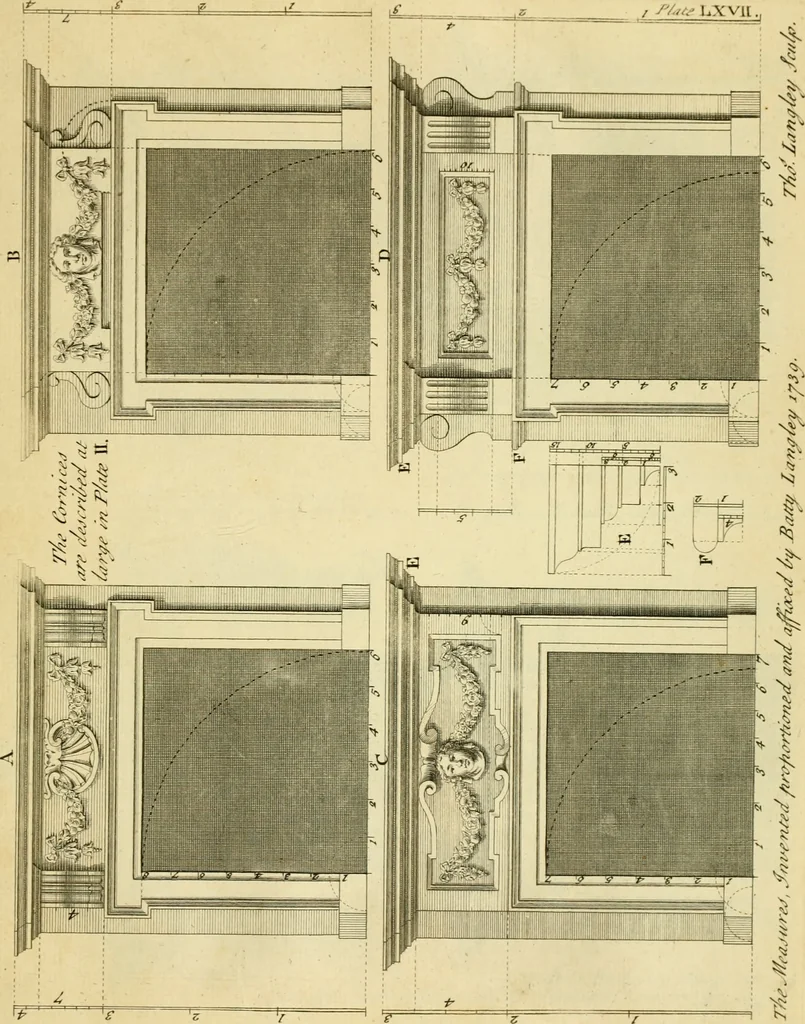 An illustration from The city and country builder's and workman's treasury of designs : or, The art of drawing and working the ornamental parts of architecture. Illustrated by upwards of four hundred grand designs, neatly engraved one hundred and eighty-fix Copper plates, for piers, gates, doors, windowns, niches, buffets, cisterns, chimney pieces, tabernacle frames, pavements, frets, gulochi's, pulpits, types, altar pieces, monuments, fonts, obelisques, pedestals, for sun-dials, busto's and stone tables, book-cafes, cielings and iron works ; proprortioned by Aliquot Pars ; with an appendix of fourteen plates of strusses for girders and beams, different sorts of rafters, and a variety of roofs, &c ; to which are prefix'd the five orders of columns, according to Andrea Palladio ; whose members are apportioned by Aliquot Pars, in a more easy manner, than has yet been done ; the whole interspersed with sure rules for working all the varieties of raking members in pediments, modilions, &c. the like, for the immediate use of workmen, never published before in any language, 1741, leaf 158