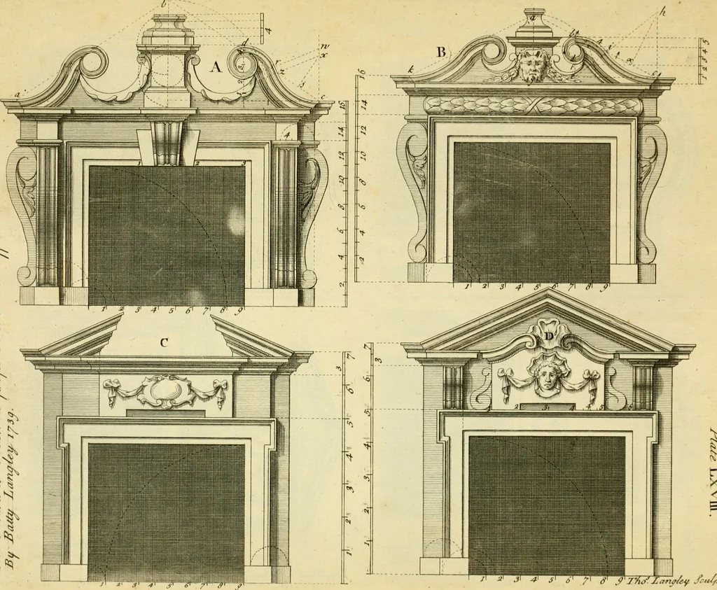 An illustration from The city and country builder's and workman's treasury of designs : or, The art of drawing and working the ornamental parts of architecture. Illustrated by upwards of four hundred grand designs, neatly engraved one hundred and eighty-fix Copper plates, for piers, gates, doors, windowns, niches, buffets, cisterns, chimney pieces, tabernacle frames, pavements, frets, gulochi's, pulpits, types, altar pieces, monuments, fonts, obelisques, pedestals, for sun-dials, busto's and stone tables, book-cafes, cielings and iron works ; proprortioned by Aliquot Pars ; with an appendix of fourteen plates of strusses for girders and beams, different sorts of rafters, and a variety of roofs, &c ; to which are prefix'd the five orders of columns, according to Andrea Palladio ; whose members are apportioned by Aliquot Pars, in a more easy manner, than has yet been done ; the whole interspersed with sure rules for working all the varieties of raking members in pediments, modilions, &c. the like, for the immediate use of workmen, never published before in any language, 1741, leaf 160
