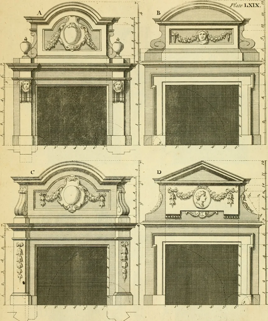 An illustration from The city and country builder's and workman's treasury of designs : or, The art of drawing and working the ornamental parts of architecture. Illustrated by upwards of four hundred grand designs, neatly engraved one hundred and eighty-fix Copper plates, for piers, gates, doors, windowns, niches, buffets, cisterns, chimney pieces, tabernacle frames, pavements, frets, gulochi's, pulpits, types, altar pieces, monuments, fonts, obelisques, pedestals, for sun-dials, busto's and stone tables, book-cafes, cielings and iron works ; proprortioned by Aliquot Pars ; with an appendix of fourteen plates of strusses for girders and beams, different sorts of rafters, and a variety of roofs, &c ; to which are prefix'd the five orders of columns, according to Andrea Palladio ; whose members are apportioned by Aliquot Pars, in a more easy manner, than has yet been done ; the whole interspersed with sure rules for working all the varieties of raking members in pediments, modilions, &c. the like, for the immediate use of workmen, never published before in any language, 1741, leaf 162