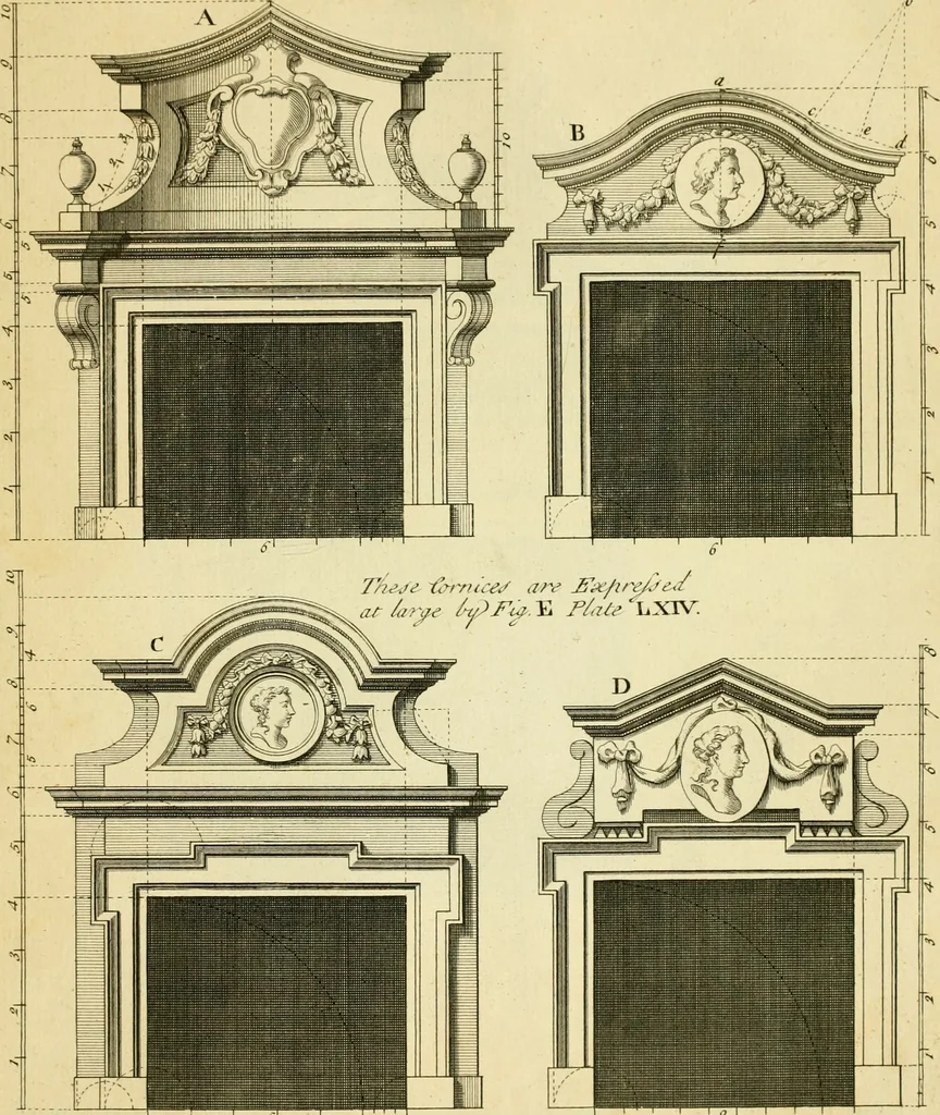 An illustration from The city and country builder's and workman's treasury of designs : or, The art of drawing and working the ornamental parts of architecture. Illustrated by upwards of four hundred grand designs, neatly engraved one hundred and eighty-fix Copper plates, for piers, gates, doors, windowns, niches, buffets, cisterns, chimney pieces, tabernacle frames, pavements, frets, gulochi's, pulpits, types, altar pieces, monuments, fonts, obelisques, pedestals, for sun-dials, busto's and stone tables, book-cafes, cielings and iron works ; proprortioned by Aliquot Pars ; with an appendix of fourteen plates of strusses for girders and beams, different sorts of rafters, and a variety of roofs, &c ; to which are prefix'd the five orders of columns, according to Andrea Palladio ; whose members are apportioned by Aliquot Pars, in a more easy manner, than has yet been done ; the whole interspersed with sure rules for working all the varieties of raking members in pediments, modilions, &c. the like, for the immediate use of workmen, never published before in any language, 1741, leaf 164