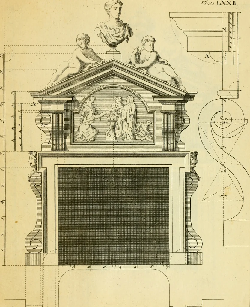 An illustration from The city and country builder's and workman's treasury of designs : or, The art of drawing and working the ornamental parts of architecture. Illustrated by upwards of four hundred grand designs, neatly engraved one hundred and eighty-fix Copper plates, for piers, gates, doors, windowns, niches, buffets, cisterns, chimney pieces, tabernacle frames, pavements, frets, gulochi's, pulpits, types, altar pieces, monuments, fonts, obelisques, pedestals, for sun-dials, busto's and stone tables, book-cafes, cielings and iron works ; proprortioned by Aliquot Pars ; with an appendix of fourteen plates of strusses for girders and beams, different sorts of rafters, and a variety of roofs, &c ; to which are prefix'd the five orders of columns, according to Andrea Palladio ; whose members are apportioned by Aliquot Pars, in a more easy manner, than has yet been done ; the whole interspersed with sure rules for working all the varieties of raking members in pediments, modilions, &c. the like, for the immediate use of workmen, never published before in any language, 1741, leaf 168