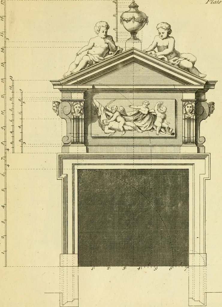 An illustration from The city and country builder's and workman's treasury of designs : or, The art of drawing and working the ornamental parts of architecture. Illustrated by upwards of four hundred grand designs, neatly engraved one hundred and eighty-fix Copper plates, for piers, gates, doors, windowns, niches, buffets, cisterns, chimney pieces, tabernacle frames, pavements, frets, gulochi's, pulpits, types, altar pieces, monuments, fonts, obelisques, pedestals, for sun-dials, busto's and stone tables, book-cafes, cielings and iron works ; proprortioned by Aliquot Pars ; with an appendix of fourteen plates of strusses for girders and beams, different sorts of rafters, and a variety of roofs, &c ; to which are prefix'd the five orders of columns, according to Andrea Palladio ; whose members are apportioned by Aliquot Pars, in a more easy manner, than has yet been done ; the whole interspersed with sure rules for working all the varieties of raking members in pediments, modilions, &c. the like, for the immediate use of workmen, never published before in any language, 1741, leaf 170