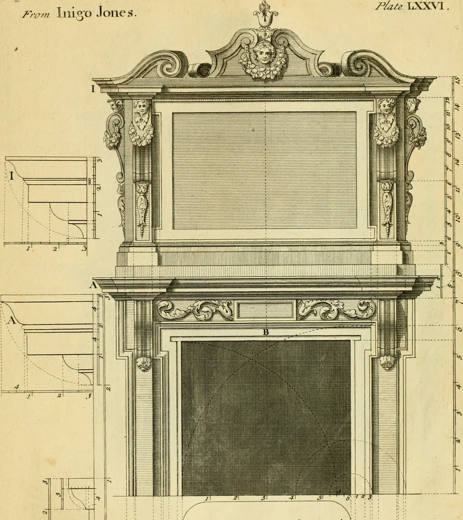 An illustration from The city and country builder's and workman's treasury of designs : or, The art of drawing and working the ornamental parts of architecture. Illustrated by upwards of four hundred grand designs, neatly engraved one hundred and eighty-fix Copper plates, for piers, gates, doors, windowns, niches, buffets, cisterns, chimney pieces, tabernacle frames, pavements, frets, gulochi's, pulpits, types, altar pieces, monuments, fonts, obelisques, pedestals, for sun-dials, busto's and stone tables, book-cafes, cielings and iron works ; proprortioned by Aliquot Pars ; with an appendix of fourteen plates of strusses for girders and beams, different sorts of rafters, and a variety of roofs, &c ; to which are prefix'd the five orders of columns, according to Andrea Palladio ; whose members are apportioned by Aliquot Pars, in a more easy manner, than has yet been done ; the whole interspersed with sure rules for working all the varieties of raking members in pediments, modilions, &c. the like, for the immediate use of workmen, never published before in any language, 1741, leaf 176