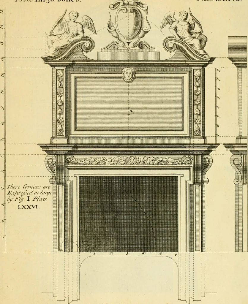 An illustration from The city and country builder's and workman's treasury of designs : or, The art of drawing and working the ornamental parts of architecture. Illustrated by upwards of four hundred grand designs, neatly engraved one hundred and eighty-fix Copper plates, for piers, gates, doors, windowns, niches, buffets, cisterns, chimney pieces, tabernacle frames, pavements, frets, gulochi's, pulpits, types, altar pieces, monuments, fonts, obelisques, pedestals, for sun-dials, busto's and stone tables, book-cafes, cielings and iron works ; proprortioned by Aliquot Pars ; with an appendix of fourteen plates of strusses for girders and beams, different sorts of rafters, and a variety of roofs, &c ; to which are prefix'd the five orders of columns, according to Andrea Palladio ; whose members are apportioned by Aliquot Pars, in a more easy manner, than has yet been done ; the whole interspersed with sure rules for working all the varieties of raking members in pediments, modilions, &c. the like, for the immediate use of workmen, never published before in any language, 1741, leaf 178