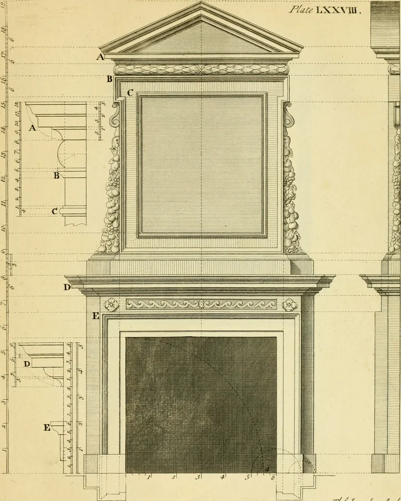 An illustration from The city and country builder's and workman's treasury of designs : or, The art of drawing and working the ornamental parts of architecture. Illustrated by upwards of four hundred grand designs, neatly engraved one hundred and eighty-fix Copper plates, for piers, gates, doors, windowns, niches, buffets, cisterns, chimney pieces, tabernacle frames, pavements, frets, gulochi's, pulpits, types, altar pieces, monuments, fonts, obelisques, pedestals, for sun-dials, busto's and stone tables, book-cafes, cielings and iron works ; proprortioned by Aliquot Pars ; with an appendix of fourteen plates of strusses for girders and beams, different sorts of rafters, and a variety of roofs, &c ; to which are prefix'd the five orders of columns, according to Andrea Palladio ; whose members are apportioned by Aliquot Pars, in a more easy manner, than has yet been done ; the whole interspersed with sure rules for working all the varieties of raking members in pediments, modilions, &c. the like, for the immediate use of workmen, never published before in any language, 1741, leaf 180