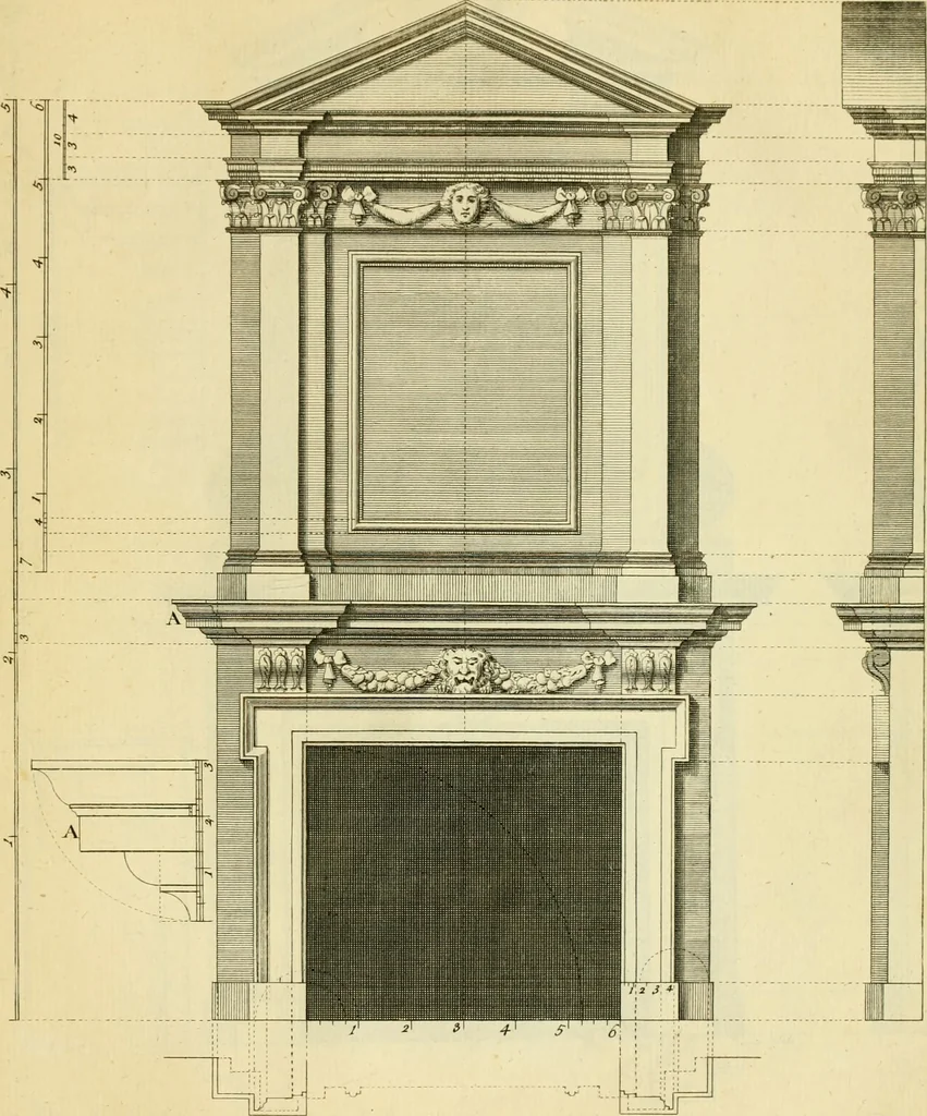 An illustration from The city and country builder's and workman's treasury of designs : or, The art of drawing and working the ornamental parts of architecture. Illustrated by upwards of four hundred grand designs, neatly engraved one hundred and eighty-fix Copper plates, for piers, gates, doors, windowns, niches, buffets, cisterns, chimney pieces, tabernacle frames, pavements, frets, gulochi's, pulpits, types, altar pieces, monuments, fonts, obelisques, pedestals, for sun-dials, busto's and stone tables, book-cafes, cielings and iron works ; proprortioned by Aliquot Pars ; with an appendix of fourteen plates of strusses for girders and beams, different sorts of rafters, and a variety of roofs, &c ; to which are prefix'd the five orders of columns, according to Andrea Palladio ; whose members are apportioned by Aliquot Pars, in a more easy manner, than has yet been done ; the whole interspersed with sure rules for working all the varieties of raking members in pediments, modilions, &c. the like, for the immediate use of workmen, never published before in any language, 1741, leaf 182