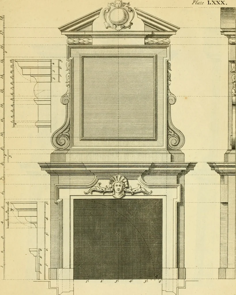 An illustration from The city and country builder's and workman's treasury of designs : or, The art of drawing and working the ornamental parts of architecture. Illustrated by upwards of four hundred grand designs, neatly engraved one hundred and eighty-fix Copper plates, for piers, gates, doors, windowns, niches, buffets, cisterns, chimney pieces, tabernacle frames, pavements, frets, gulochi's, pulpits, types, altar pieces, monuments, fonts, obelisques, pedestals, for sun-dials, busto's and stone tables, book-cafes, cielings and iron works ; proprortioned by Aliquot Pars ; with an appendix of fourteen plates of strusses for girders and beams, different sorts of rafters, and a variety of roofs, &c ; to which are prefix'd the five orders of columns, according to Andrea Palladio ; whose members are apportioned by Aliquot Pars, in a more easy manner, than has yet been done ; the whole interspersed with sure rules for working all the varieties of raking members in pediments, modilions, &c. the like, for the immediate use of workmen, never published before in any language, 1741, leaf 184