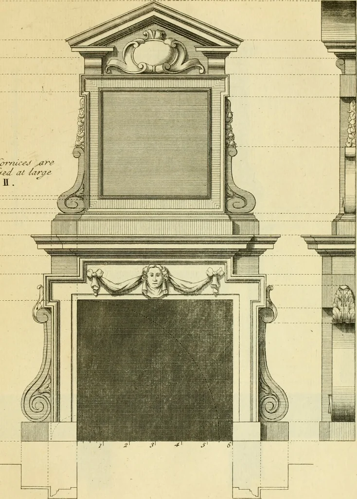 An illustration from The city and country builder's and workman's treasury of designs : or, The art of drawing and working the ornamental parts of architecture. Illustrated by upwards of four hundred grand designs, neatly engraved one hundred and eighty-fix Copper plates, for piers, gates, doors, windowns, niches, buffets, cisterns, chimney pieces, tabernacle frames, pavements, frets, gulochi's, pulpits, types, altar pieces, monuments, fonts, obelisques, pedestals, for sun-dials, busto's and stone tables, book-cafes, cielings and iron works ; proprortioned by Aliquot Pars ; with an appendix of fourteen plates of strusses for girders and beams, different sorts of rafters, and a variety of roofs, &c ; to which are prefix'd the five orders of columns, according to Andrea Palladio ; whose members are apportioned by Aliquot Pars, in a more easy manner, than has yet been done ; the whole interspersed with sure rules for working all the varieties of raking members in pediments, modilions, &c. the like, for the immediate use of workmen, never published before in any language, 1741, leaf 188