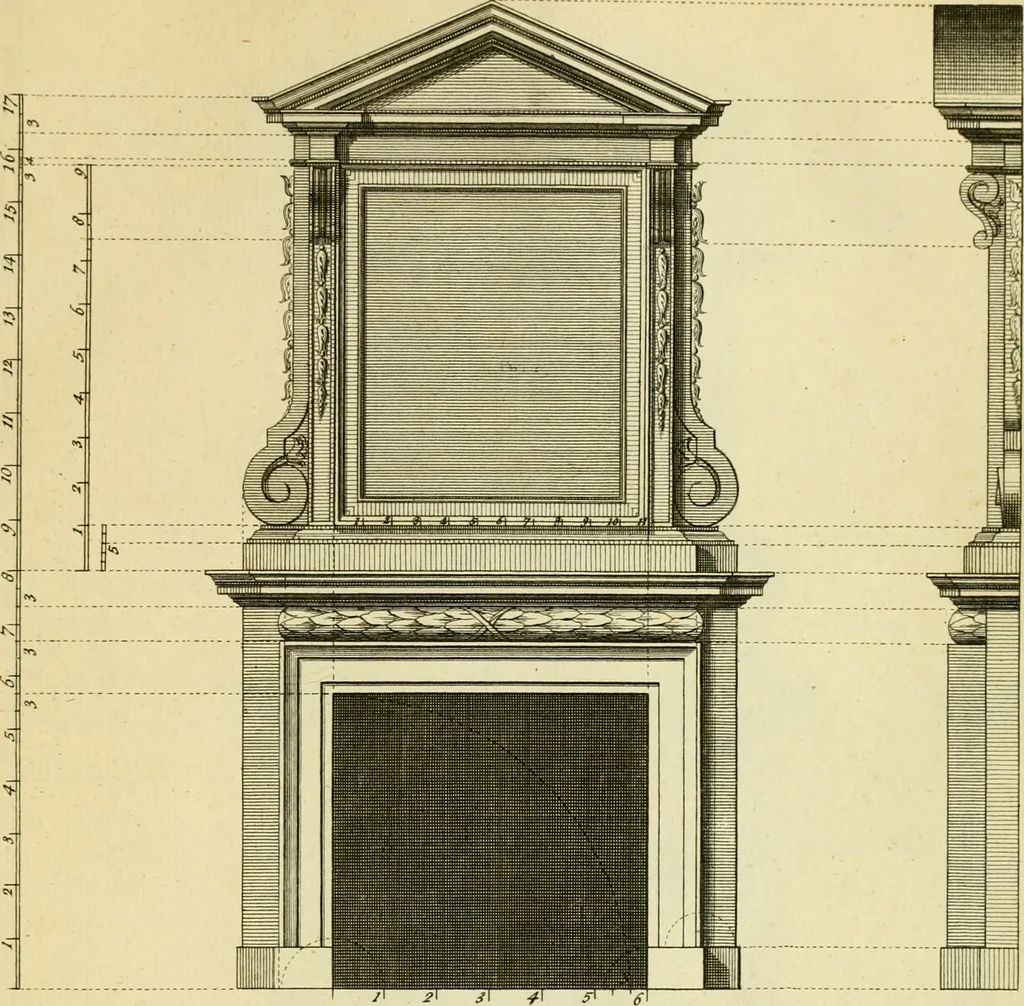 An illustration from The city and country builder's and workman's treasury of designs : or, The art of drawing and working the ornamental parts of architecture. Illustrated by upwards of four hundred grand designs, neatly engraved one hundred and eighty-fix Copper plates, for piers, gates, doors, windowns, niches, buffets, cisterns, chimney pieces, tabernacle frames, pavements, frets, gulochi's, pulpits, types, altar pieces, monuments, fonts, obelisques, pedestals, for sun-dials, busto's and stone tables, book-cafes, cielings and iron works ; proprortioned by Aliquot Pars ; with an appendix of fourteen plates of strusses for girders and beams, different sorts of rafters, and a variety of roofs, &c ; to which are prefix'd the five orders of columns, according to Andrea Palladio ; whose members are apportioned by Aliquot Pars, in a more easy manner, than has yet been done ; the whole interspersed with sure rules for working all the varieties of raking members in pediments, modilions, &c. the like, for the immediate use of workmen, never published before in any language, 1741, leaf 190