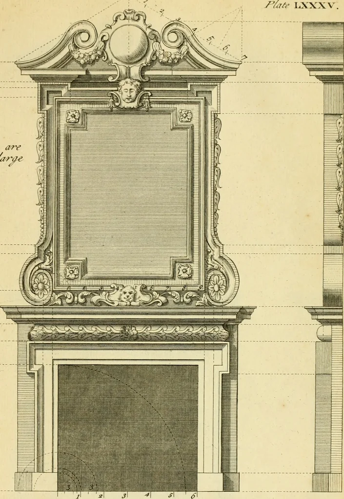 An illustration from The city and country builder's and workman's treasury of designs : or, The art of drawing and working the ornamental parts of architecture. Illustrated by upwards of four hundred grand designs, neatly engraved one hundred and eighty-fix Copper plates, for piers, gates, doors, windowns, niches, buffets, cisterns, chimney pieces, tabernacle frames, pavements, frets, gulochi's, pulpits, types, altar pieces, monuments, fonts, obelisques, pedestals, for sun-dials, busto's and stone tables, book-cafes, cielings and iron works ; proprortioned by Aliquot Pars ; with an appendix of fourteen plates of strusses for girders and beams, different sorts of rafters, and a variety of roofs, &c ; to which are prefix'd the five orders of columns, according to Andrea Palladio ; whose members are apportioned by Aliquot Pars, in a more easy manner, than has yet been done ; the whole interspersed with sure rules for working all the varieties of raking members in pediments, modilions, &c. the like, for the immediate use of workmen, never published before in any language, 1741, leaf 194