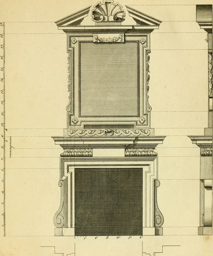 An illustration from The city and country builder's and workman's treasury of designs : or, The art of drawing and working the ornamental parts of architecture. Illustrated by upwards of four hundred grand designs, neatly engraved one hundred and eighty-fix Copper plates, for piers, gates, doors, windowns, niches, buffets, cisterns, chimney pieces, tabernacle frames, pavements, frets, gulochi's, pulpits, types, altar pieces, monuments, fonts, obelisques, pedestals, for sun-dials, busto's and stone tables, book-cafes, cielings and iron works ; proprortioned by Aliquot Pars ; with an appendix of fourteen plates of strusses for girders and beams, different sorts of rafters, and a variety of roofs, &c ; to which are prefix'd the five orders of columns, according to Andrea Palladio ; whose members are apportioned by Aliquot Pars, in a more easy manner, than has yet been done ; the whole interspersed with sure rules for working all the varieties of raking members in pediments, modilions, &c. the like, for the immediate use of workmen, never published before in any language, 1741, leaf 196