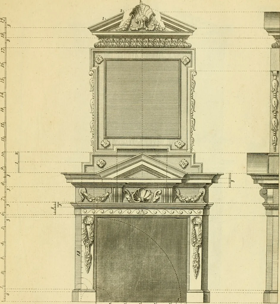 An illustration from The city and country builder's and workman's treasury of designs : or, The art of drawing and working the ornamental parts of architecture. Illustrated by upwards of four hundred grand designs, neatly engraved one hundred and eighty-fix Copper plates, for piers, gates, doors, windowns, niches, buffets, cisterns, chimney pieces, tabernacle frames, pavements, frets, gulochi's, pulpits, types, altar pieces, monuments, fonts, obelisques, pedestals, for sun-dials, busto's and stone tables, book-cafes, cielings and iron works ; proprortioned by Aliquot Pars ; with an appendix of fourteen plates of strusses for girders and beams, different sorts of rafters, and a variety of roofs, &c ; to which are prefix'd the five orders of columns, according to Andrea Palladio ; whose members are apportioned by Aliquot Pars, in a more easy manner, than has yet been done ; the whole interspersed with sure rules for working all the varieties of raking members in pediments, modilions, &c. the like, for the immediate use of workmen, never published before in any language, 1741, leaf 200