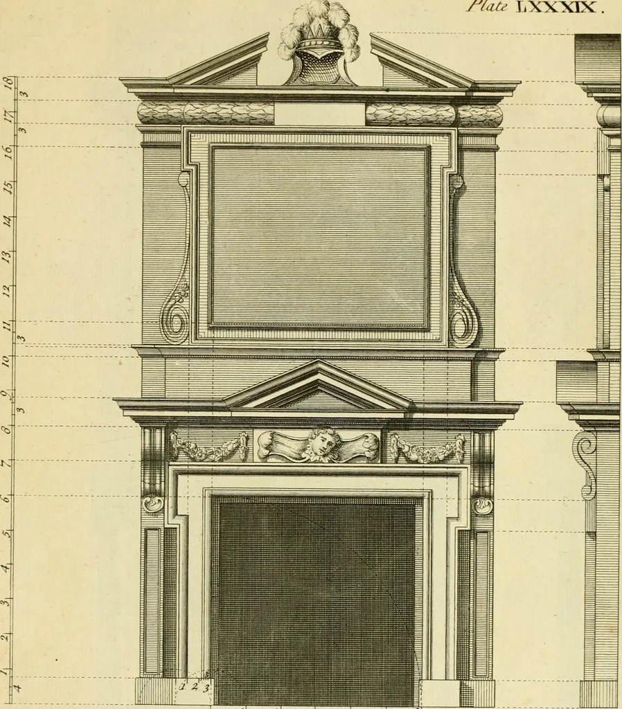An illustration from The city and country builder's and workman's treasury of designs : or, The art of drawing and working the ornamental parts of architecture. Illustrated by upwards of four hundred grand designs, neatly engraved one hundred and eighty-fix Copper plates, for piers, gates, doors, windowns, niches, buffets, cisterns, chimney pieces, tabernacle frames, pavements, frets, gulochi's, pulpits, types, altar pieces, monuments, fonts, obelisques, pedestals, for sun-dials, busto's and stone tables, book-cafes, cielings and iron works ; proprortioned by Aliquot Pars ; with an appendix of fourteen plates of strusses for girders and beams, different sorts of rafters, and a variety of roofs, &c ; to which are prefix'd the five orders of columns, according to Andrea Palladio ; whose members are apportioned by Aliquot Pars, in a more easy manner, than has yet been done ; the whole interspersed with sure rules for working all the varieties of raking members in pediments, modilions, &c. the like, for the immediate use of workmen, never published before in any language, 1741, leaf 202