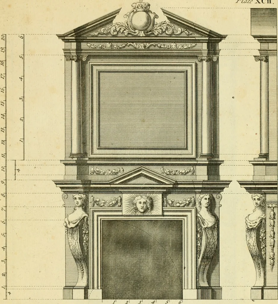 An illustration from The city and country builder's and workman's treasury of designs : or, The art of drawing and working the ornamental parts of architecture. Illustrated by upwards of four hundred grand designs, neatly engraved one hundred and eighty-fix Copper plates, for piers, gates, doors, windowns, niches, buffets, cisterns, chimney pieces, tabernacle frames, pavements, frets, gulochi's, pulpits, types, altar pieces, monuments, fonts, obelisques, pedestals, for sun-dials, busto's and stone tables, book-cafes, cielings and iron works ; proprortioned by Aliquot Pars ; with an appendix of fourteen plates of strusses for girders and beams, different sorts of rafters, and a variety of roofs, &c ; to which are prefix'd the five orders of columns, according to Andrea Palladio ; whose members are apportioned by Aliquot Pars, in a more easy manner, than has yet been done ; the whole interspersed with sure rules for working all the varieties of raking members in pediments, modilions, &c. the like, for the immediate use of workmen, never published before in any language, 1741, leaf 208