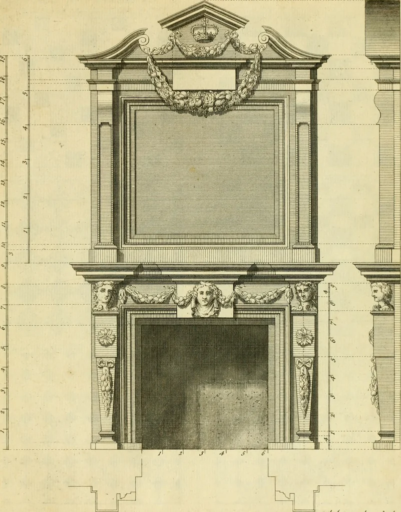 An illustration from The city and country builder's and workman's treasury of designs : or, The art of drawing and working the ornamental parts of architecture. Illustrated by upwards of four hundred grand designs, neatly engraved one hundred and eighty-fix Copper plates, for piers, gates, doors, windowns, niches, buffets, cisterns, chimney pieces, tabernacle frames, pavements, frets, gulochi's, pulpits, types, altar pieces, monuments, fonts, obelisques, pedestals, for sun-dials, busto's and stone tables, book-cafes, cielings and iron works ; proprortioned by Aliquot Pars ; with an appendix of fourteen plates of strusses for girders and beams, different sorts of rafters, and a variety of roofs, &c ; to which are prefix'd the five orders of columns, according to Andrea Palladio ; whose members are apportioned by Aliquot Pars, in a more easy manner, than has yet been done ; the whole interspersed with sure rules for working all the varieties of raking members in pediments, modilions, &c. the like, for the immediate use of workmen, never published before in any language, 1741, leaf 210