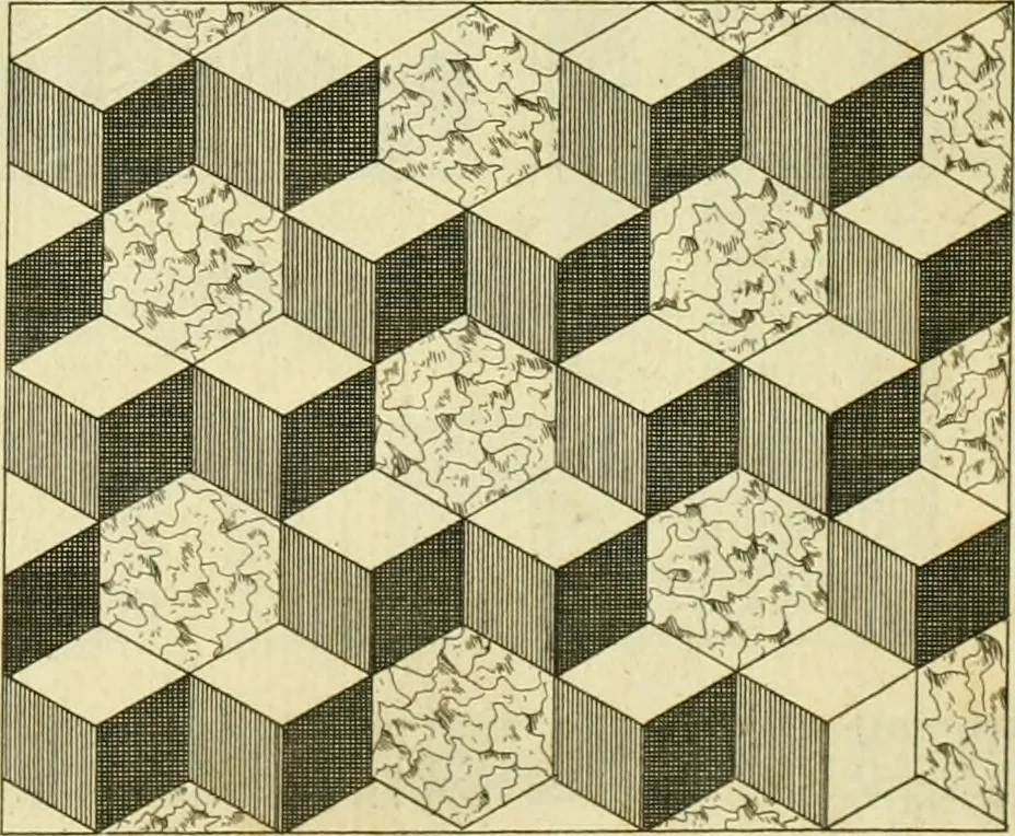 An illustration from The city and country builder's and workman's treasury of designs : or, The art of drawing and working the ornamental parts of architecture. Illustrated by upwards of four hundred grand designs, neatly engraved one hundred and eighty-fix Copper plates, for piers, gates, doors, windowns, niches, buffets, cisterns, chimney pieces, tabernacle frames, pavements, frets, gulochi's, pulpits, types, altar pieces, monuments, fonts, obelisques, pedestals, for sun-dials, busto's and stone tables, book-cafes, cielings and iron works ; proprortioned by Aliquot Pars ; with an appendix of fourteen plates of strusses for girders and beams, different sorts of rafters, and a variety of roofs, &c ; to which are prefix'd the five orders of columns, according to Andrea Palladio ; whose members are apportioned by Aliquot Pars, in a more easy manner, than has yet been done ; the whole interspersed with sure rules for working all the varieties of raking members in pediments, modilions, &c. the like, for the immediate use of workmen, never published before in any language, 1741, leaf 216