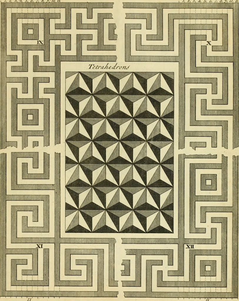 An illustration from The city and country builder's and workman's treasury of designs : or, The art of drawing and working the ornamental parts of architecture. Illustrated by upwards of four hundred grand designs, neatly engraved one hundred and eighty-fix Copper plates, for piers, gates, doors, windowns, niches, buffets, cisterns, chimney pieces, tabernacle frames, pavements, frets, gulochi's, pulpits, types, altar pieces, monuments, fonts, obelisques, pedestals, for sun-dials, busto's and stone tables, book-cafes, cielings and iron works ; proprortioned by Aliquot Pars ; with an appendix of fourteen plates of strusses for girders and beams, different sorts of rafters, and a variety of roofs, &c ; to which are prefix'd the five orders of columns, according to Andrea Palladio ; whose members are apportioned by Aliquot Pars, in a more easy manner, than has yet been done ; the whole interspersed with sure rules for working all the varieties of raking members in pediments, modilions, &c. the like, for the immediate use of workmen, never published before in any language, 1741, leaf 222