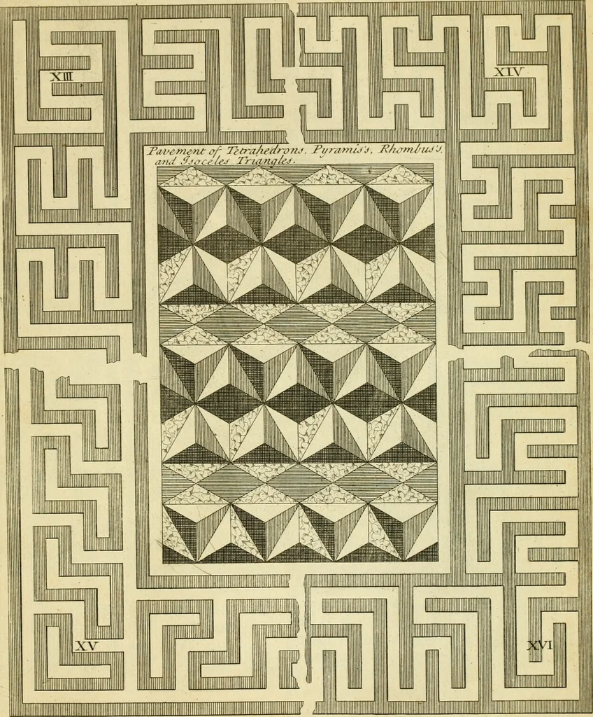 An illustration from The city and country builder's and workman's treasury of designs : or, The art of drawing and working the ornamental parts of architecture. Illustrated by upwards of four hundred grand designs, neatly engraved one hundred and eighty-fix Copper plates, for piers, gates, doors, windowns, niches, buffets, cisterns, chimney pieces, tabernacle frames, pavements, frets, gulochi's, pulpits, types, altar pieces, monuments, fonts, obelisques, pedestals, for sun-dials, busto's and stone tables, book-cafes, cielings and iron works ; proprortioned by Aliquot Pars ; with an appendix of fourteen plates of strusses for girders and beams, different sorts of rafters, and a variety of roofs, &c ; to which are prefix'd the five orders of columns, according to Andrea Palladio ; whose members are apportioned by Aliquot Pars, in a more easy manner, than has yet been done ; the whole interspersed with sure rules for working all the varieties of raking members in pediments, modilions, &c. the like, for the immediate use of workmen, never published before in any language, 1741, leaf 224