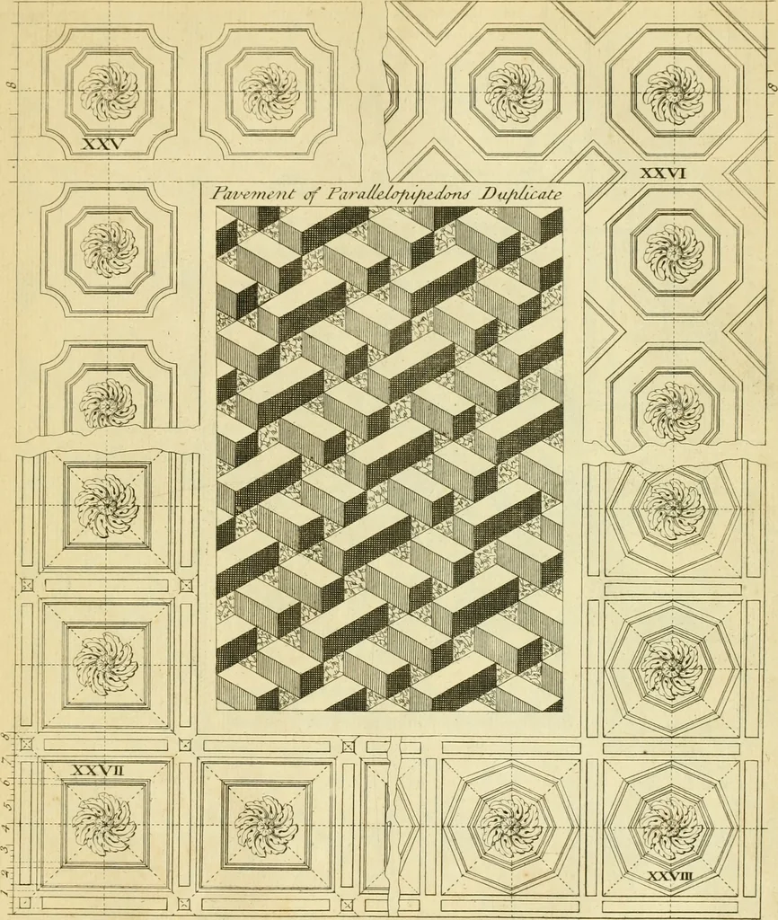 An illustration from The city and country builder's and workman's treasury of designs : or, The art of drawing and working the ornamental parts of architecture. Illustrated by upwards of four hundred grand designs, neatly engraved one hundred and eighty-fix Copper plates, for piers, gates, doors, windowns, niches, buffets, cisterns, chimney pieces, tabernacle frames, pavements, frets, gulochi's, pulpits, types, altar pieces, monuments, fonts, obelisques, pedestals, for sun-dials, busto's and stone tables, book-cafes, cielings and iron works ; proprortioned by Aliquot Pars ; with an appendix of fourteen plates of strusses for girders and beams, different sorts of rafters, and a variety of roofs, &c ; to which are prefix'd the five orders of columns, according to Andrea Palladio ; whose members are apportioned by Aliquot Pars, in a more easy manner, than has yet been done ; the whole interspersed with sure rules for working all the varieties of raking members in pediments, modilions, &c. the like, for the immediate use of workmen, never published before in any language, 1741, leaf 230