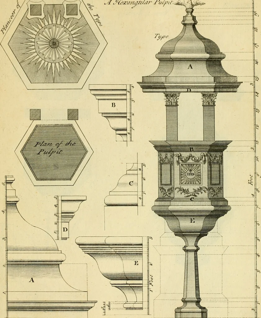 An illustration from The city and country builder's and workman's treasury of designs : or, The art of drawing and working the ornamental parts of architecture. Illustrated by upwards of four hundred grand designs, neatly engraved one hundred and eighty-fix Copper plates, for piers, gates, doors, windowns, niches, buffets, cisterns, chimney pieces, tabernacle frames, pavements, frets, gulochi's, pulpits, types, altar pieces, monuments, fonts, obelisques, pedestals, for sun-dials, busto's and stone tables, book-cafes, cielings and iron works ; proprortioned by Aliquot Pars ; with an appendix of fourteen plates of strusses for girders and beams, different sorts of rafters, and a variety of roofs, &c ; to which are prefix'd the five orders of columns, according to Andrea Palladio ; whose members are apportioned by Aliquot Pars, in a more easy manner, than has yet been done ; the whole interspersed with sure rules for working all the varieties of raking members in pediments, modilions, &c. the like, for the immediate use of workmen, never published before in any language, 1741, leaf 252