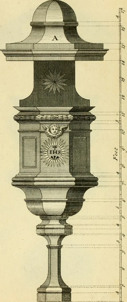 An illustration from The city and country builder's and workman's treasury of designs : or, The art of drawing and working the ornamental parts of architecture. Illustrated by upwards of four hundred grand designs, neatly engraved one hundred and eighty-fix Copper plates, for piers, gates, doors, windowns, niches, buffets, cisterns, chimney pieces, tabernacle frames, pavements, frets, gulochi's, pulpits, types, altar pieces, monuments, fonts, obelisques, pedestals, for sun-dials, busto's and stone tables, book-cafes, cielings and iron works ; proprortioned by Aliquot Pars ; with an appendix of fourteen plates of strusses for girders and beams, different sorts of rafters, and a variety of roofs, &c ; to which are prefix'd the five orders of columns, according to Andrea Palladio ; whose members are apportioned by Aliquot Pars, in a more easy manner, than has yet been done ; the whole interspersed with sure rules for working all the varieties of raking members in pediments, modilions, &c. the like, for the immediate use of workmen, never published before in any language, 1741, leaf 254