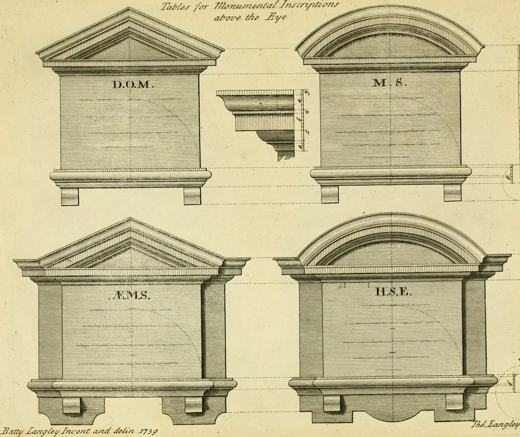 An illustration from The city and country builder's and workman's treasury of designs : or, The art of drawing and working the ornamental parts of architecture. Illustrated by upwards of four hundred grand designs, neatly engraved one hundred and eighty-fix Copper plates, for piers, gates, doors, windowns, niches, buffets, cisterns, chimney pieces, tabernacle frames, pavements, frets, gulochi's, pulpits, types, altar pieces, monuments, fonts, obelisques, pedestals, for sun-dials, busto's and stone tables, book-cafes, cielings and iron works ; proprortioned by Aliquot Pars ; with an appendix of fourteen plates of strusses for girders and beams, different sorts of rafters, and a variety of roofs, &c ; to which are prefix'd the five orders of columns, according to Andrea Palladio ; whose members are apportioned by Aliquot Pars, in a more easy manner, than has yet been done ; the whole interspersed with sure rules for working all the varieties of raking members in pediments, modilions, &c. the like, for the immediate use of workmen, never published before in any language, 1741, leaf 268