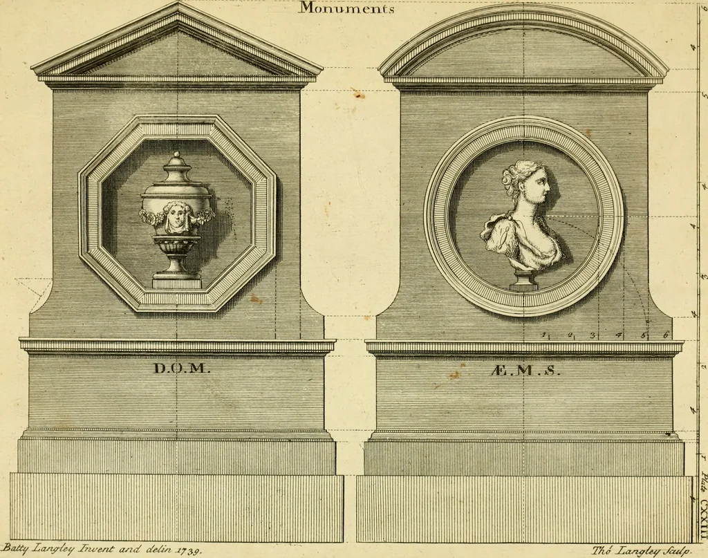 An illustration from The city and country builder's and workman's treasury of designs : or, The art of drawing and working the ornamental parts of architecture. Illustrated by upwards of four hundred grand designs, neatly engraved one hundred and eighty-fix Copper plates, for piers, gates, doors, windowns, niches, buffets, cisterns, chimney pieces, tabernacle frames, pavements, frets, gulochi's, pulpits, types, altar pieces, monuments, fonts, obelisques, pedestals, for sun-dials, busto's and stone tables, book-cafes, cielings and iron works ; proprortioned by Aliquot Pars ; with an appendix of fourteen plates of strusses for girders and beams, different sorts of rafters, and a variety of roofs, &c ; to which are prefix'd the five orders of columns, according to Andrea Palladio ; whose members are apportioned by Aliquot Pars, in a more easy manner, than has yet been done ; the whole interspersed with sure rules for working all the varieties of raking members in pediments, modilions, &c. the like, for the immediate use of workmen, never published before in any language, 1741, leaf 270