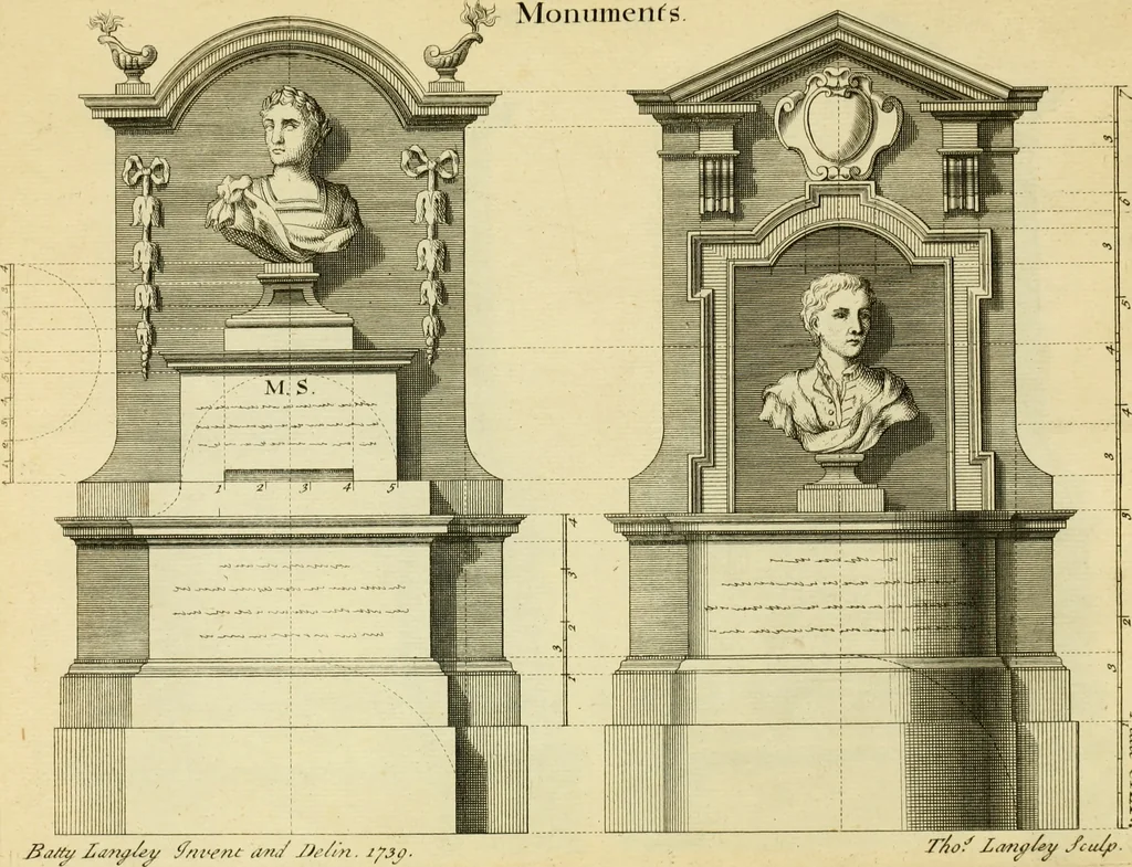 An illustration from The city and country builder's and workman's treasury of designs : or, The art of drawing and working the ornamental parts of architecture. Illustrated by upwards of four hundred grand designs, neatly engraved one hundred and eighty-fix Copper plates, for piers, gates, doors, windowns, niches, buffets, cisterns, chimney pieces, tabernacle frames, pavements, frets, gulochi's, pulpits, types, altar pieces, monuments, fonts, obelisques, pedestals, for sun-dials, busto's and stone tables, book-cafes, cielings and iron works ; proprortioned by Aliquot Pars ; with an appendix of fourteen plates of strusses for girders and beams, different sorts of rafters, and a variety of roofs, &c ; to which are prefix'd the five orders of columns, according to Andrea Palladio ; whose members are apportioned by Aliquot Pars, in a more easy manner, than has yet been done ; the whole interspersed with sure rules for working all the varieties of raking members in pediments, modilions, &c. the like, for the immediate use of workmen, never published before in any language, 1741, leaf 274
