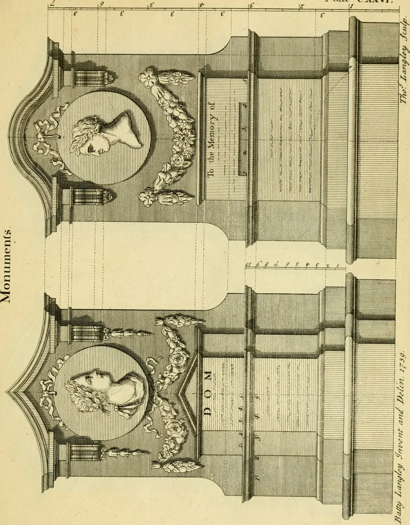 An illustration from The city and country builder's and workman's treasury of designs : or, The art of drawing and working the ornamental parts of architecture. Illustrated by upwards of four hundred grand designs, neatly engraved one hundred and eighty-fix Copper plates, for piers, gates, doors, windowns, niches, buffets, cisterns, chimney pieces, tabernacle frames, pavements, frets, gulochi's, pulpits, types, altar pieces, monuments, fonts, obelisques, pedestals, for sun-dials, busto's and stone tables, book-cafes, cielings and iron works ; proprortioned by Aliquot Pars ; with an appendix of fourteen plates of strusses for girders and beams, different sorts of rafters, and a variety of roofs, &c ; to which are prefix'd the five orders of columns, according to Andrea Palladio ; whose members are apportioned by Aliquot Pars, in a more easy manner, than has yet been done ; the whole interspersed with sure rules for working all the varieties of raking members in pediments, modilions, &c. the like, for the immediate use of workmen, never published before in any language, 1741, leaf 276