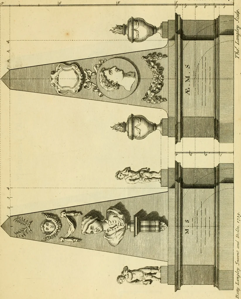 An illustration from The city and country builder's and workman's treasury of designs : or, The art of drawing and working the ornamental parts of architecture. Illustrated by upwards of four hundred grand designs, neatly engraved one hundred and eighty-fix Copper plates, for piers, gates, doors, windowns, niches, buffets, cisterns, chimney pieces, tabernacle frames, pavements, frets, gulochi's, pulpits, types, altar pieces, monuments, fonts, obelisques, pedestals, for sun-dials, busto's and stone tables, book-cafes, cielings and iron works ; proprortioned by Aliquot Pars ; with an appendix of fourteen plates of strusses for girders and beams, different sorts of rafters, and a variety of roofs, &c ; to which are prefix'd the five orders of columns, according to Andrea Palladio ; whose members are apportioned by Aliquot Pars, in a more easy manner, than has yet been done ; the whole interspersed with sure rules for working all the varieties of raking members in pediments, modilions, &c. the like, for the immediate use of workmen, never published before in any language, 1741, leaf 282