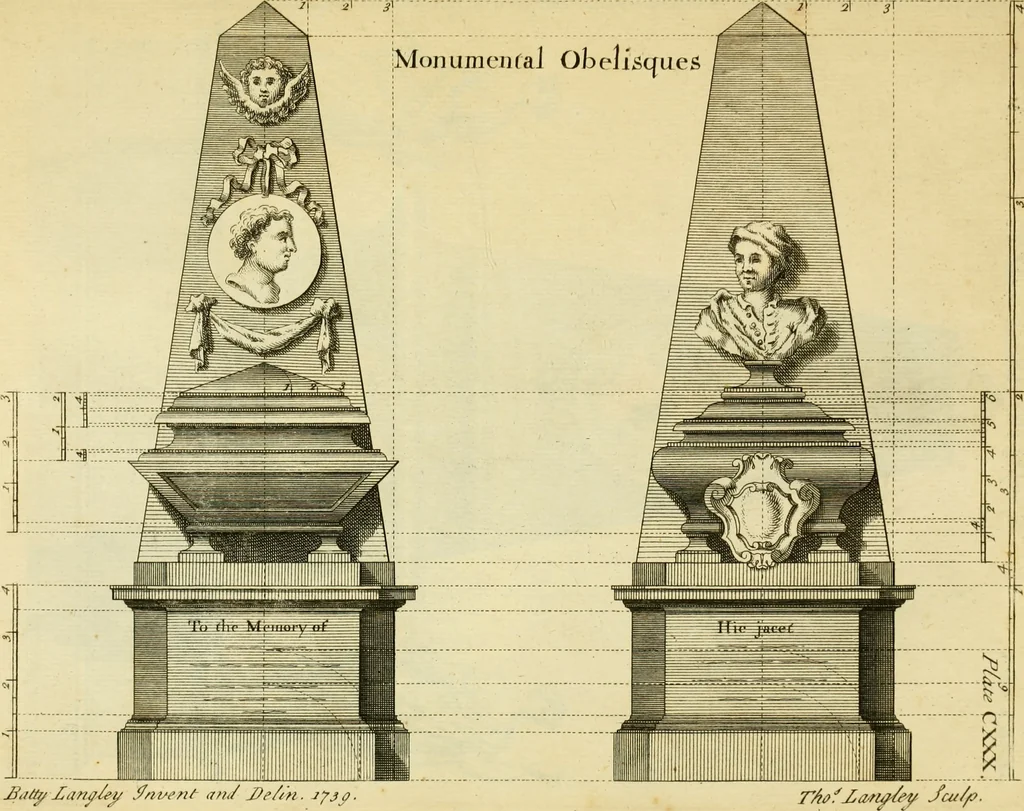An illustration from The city and country builder's and workman's treasury of designs : or, The art of drawing and working the ornamental parts of architecture. Illustrated by upwards of four hundred grand designs, neatly engraved one hundred and eighty-fix Copper plates, for piers, gates, doors, windowns, niches, buffets, cisterns, chimney pieces, tabernacle frames, pavements, frets, gulochi's, pulpits, types, altar pieces, monuments, fonts, obelisques, pedestals, for sun-dials, busto's and stone tables, book-cafes, cielings and iron works ; proprortioned by Aliquot Pars ; with an appendix of fourteen plates of strusses for girders and beams, different sorts of rafters, and a variety of roofs, &c ; to which are prefix'd the five orders of columns, according to Andrea Palladio ; whose members are apportioned by Aliquot Pars, in a more easy manner, than has yet been done ; the whole interspersed with sure rules for working all the varieties of raking members in pediments, modilions, &c. the like, for the immediate use of workmen, never published before in any language, 1741, leaf 284