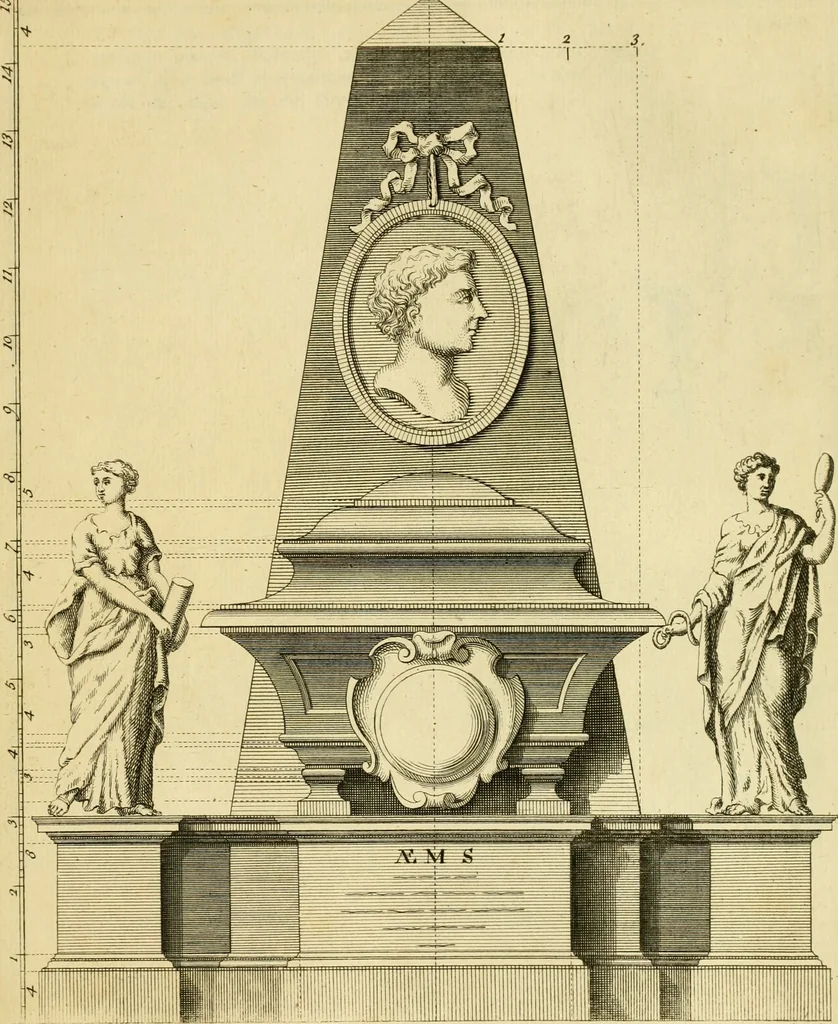 An illustration from The city and country builder's and workman's treasury of designs : or, The art of drawing and working the ornamental parts of architecture. Illustrated by upwards of four hundred grand designs, neatly engraved one hundred and eighty-fix Copper plates, for piers, gates, doors, windowns, niches, buffets, cisterns, chimney pieces, tabernacle frames, pavements, frets, gulochi's, pulpits, types, altar pieces, monuments, fonts, obelisques, pedestals, for sun-dials, busto's and stone tables, book-cafes, cielings and iron works ; proprortioned by Aliquot Pars ; with an appendix of fourteen plates of strusses for girders and beams, different sorts of rafters, and a variety of roofs, &c ; to which are prefix'd the five orders of columns, according to Andrea Palladio ; whose members are apportioned by Aliquot Pars, in a more easy manner, than has yet been done ; the whole interspersed with sure rules for working all the varieties of raking members in pediments, modilions, &c. the like, for the immediate use of workmen, never published before in any language, 1741, leaf 286