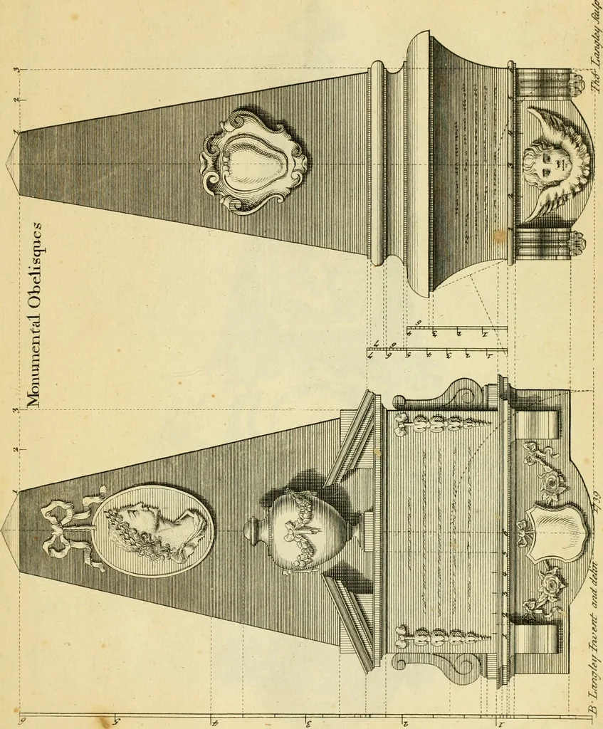 An illustration from The city and country builder's and workman's treasury of designs : or, The art of drawing and working the ornamental parts of architecture. Illustrated by upwards of four hundred grand designs, neatly engraved one hundred and eighty-fix Copper plates, for piers, gates, doors, windowns, niches, buffets, cisterns, chimney pieces, tabernacle frames, pavements, frets, gulochi's, pulpits, types, altar pieces, monuments, fonts, obelisques, pedestals, for sun-dials, busto's and stone tables, book-cafes, cielings and iron works ; proprortioned by Aliquot Pars ; with an appendix of fourteen plates of strusses for girders and beams, different sorts of rafters, and a variety of roofs, &c ; to which are prefix'd the five orders of columns, according to Andrea Palladio ; whose members are apportioned by Aliquot Pars, in a more easy manner, than has yet been done ; the whole interspersed with sure rules for working all the varieties of raking members in pediments, modilions, &c. the like, for the immediate use of workmen, never published before in any language, 1741, leaf 290