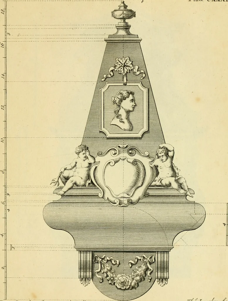 An illustration from The city and country builder's and workman's treasury of designs : or, The art of drawing and working the ornamental parts of architecture. Illustrated by upwards of four hundred grand designs, neatly engraved one hundred and eighty-fix Copper plates, for piers, gates, doors, windowns, niches, buffets, cisterns, chimney pieces, tabernacle frames, pavements, frets, gulochi's, pulpits, types, altar pieces, monuments, fonts, obelisques, pedestals, for sun-dials, busto's and stone tables, book-cafes, cielings and iron works ; proprortioned by Aliquot Pars ; with an appendix of fourteen plates of strusses for girders and beams, different sorts of rafters, and a variety of roofs, &c ; to which are prefix'd the five orders of columns, according to Andrea Palladio ; whose members are apportioned by Aliquot Pars, in a more easy manner, than has yet been done ; the whole interspersed with sure rules for working all the varieties of raking members in pediments, modilions, &c. the like, for the immediate use of workmen, never published before in any language, 1741, leaf 292