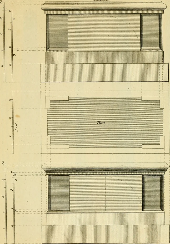 An illustration from The city and country builder's and workman's treasury of designs : or, The art of drawing and working the ornamental parts of architecture. Illustrated by upwards of four hundred grand designs, neatly engraved one hundred and eighty-fix Copper plates, for piers, gates, doors, windowns, niches, buffets, cisterns, chimney pieces, tabernacle frames, pavements, frets, gulochi's, pulpits, types, altar pieces, monuments, fonts, obelisques, pedestals, for sun-dials, busto's and stone tables, book-cafes, cielings and iron works ; proprortioned by Aliquot Pars ; with an appendix of fourteen plates of strusses for girders and beams, different sorts of rafters, and a variety of roofs, &c ; to which are prefix'd the five orders of columns, according to Andrea Palladio ; whose members are apportioned by Aliquot Pars, in a more easy manner, than has yet been done ; the whole interspersed with sure rules for working all the varieties of raking members in pediments, modilions, &c. the like, for the immediate use of workmen, never published before in any language, 1741, leaf 298