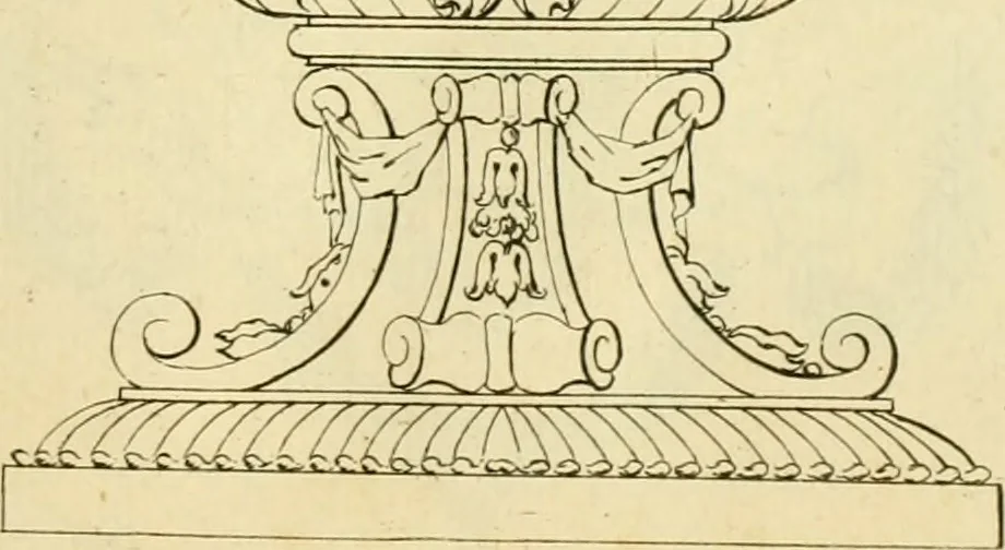 An illustration from The city and country builder's and workman's treasury of designs : or, The art of drawing and working the ornamental parts of architecture. Illustrated by upwards of four hundred grand designs, neatly engraved one hundred and eighty-fix Copper plates, for piers, gates, doors, windowns, niches, buffets, cisterns, chimney pieces, tabernacle frames, pavements, frets, gulochi's, pulpits, types, altar pieces, monuments, fonts, obelisques, pedestals, for sun-dials, busto's and stone tables, book-cafes, cielings and iron works ; proprortioned by Aliquot Pars ; with an appendix of fourteen plates of strusses for girders and beams, different sorts of rafters, and a variety of roofs, &c ; to which are prefix'd the five orders of columns, according to Andrea Palladio ; whose members are apportioned by Aliquot Pars, in a more easy manner, than has yet been done ; the whole interspersed with sure rules for working all the varieties of raking members in pediments, modilions, &c. the like, for the immediate use of workmen, never published before in any language, 1741, leaf 302
