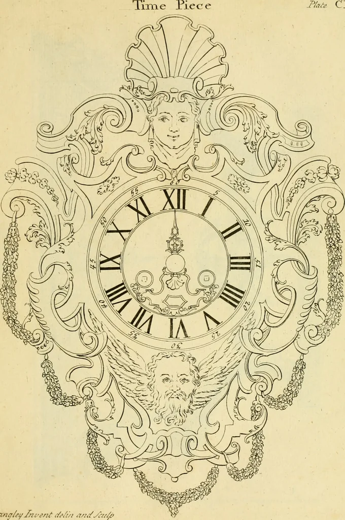 An illustration from The city and country builder's and workman's treasury of designs : or, The art of drawing and working the ornamental parts of architecture. Illustrated by upwards of four hundred grand designs, neatly engraved one hundred and eighty-fix Copper plates, for piers, gates, doors, windowns, niches, buffets, cisterns, chimney pieces, tabernacle frames, pavements, frets, gulochi's, pulpits, types, altar pieces, monuments, fonts, obelisques, pedestals, for sun-dials, busto's and stone tables, book-cafes, cielings and iron works ; proprortioned by Aliquot Pars ; with an appendix of fourteen plates of strusses for girders and beams, different sorts of rafters, and a variety of roofs, &c ; to which are prefix'd the five orders of columns, according to Andrea Palladio ; whose members are apportioned by Aliquot Pars, in a more easy manner, than has yet been done ; the whole interspersed with sure rules for working all the varieties of raking members in pediments, modilions, &c. the like, for the immediate use of workmen, never published before in any language, 1741, leaf 304