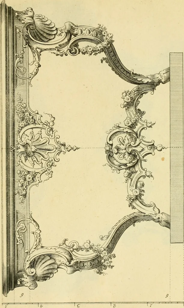 An illustration from The city and country builder's and workman's treasury of designs : or, The art of drawing and working the ornamental parts of architecture. Illustrated by upwards of four hundred grand designs, neatly engraved one hundred and eighty-fix Copper plates, for piers, gates, doors, windowns, niches, buffets, cisterns, chimney pieces, tabernacle frames, pavements, frets, gulochi's, pulpits, types, altar pieces, monuments, fonts, obelisques, pedestals, for sun-dials, busto's and stone tables, book-cafes, cielings and iron works ; proprortioned by Aliquot Pars ; with an appendix of fourteen plates of strusses for girders and beams, different sorts of rafters, and a variety of roofs, &c ; to which are prefix'd the five orders of columns, according to Andrea Palladio ; whose members are apportioned by Aliquot Pars, in a more easy manner, than has yet been done ; the whole interspersed with sure rules for working all the varieties of raking members in pediments, modilions, &c. the like, for the immediate use of workmen, never published before in any language, 1741, leaf 306