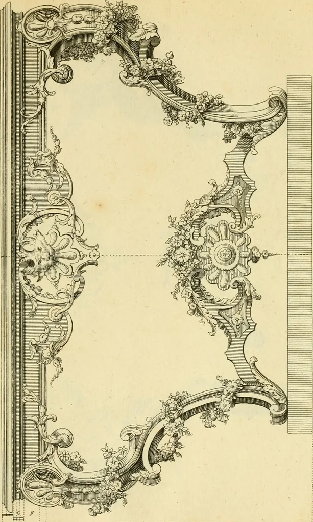 An illustration from The city and country builder's and workman's treasury of designs : or, The art of drawing and working the ornamental parts of architecture. Illustrated by upwards of four hundred grand designs, neatly engraved one hundred and eighty-fix Copper plates, for piers, gates, doors, windowns, niches, buffets, cisterns, chimney pieces, tabernacle frames, pavements, frets, gulochi's, pulpits, types, altar pieces, monuments, fonts, obelisques, pedestals, for sun-dials, busto's and stone tables, book-cafes, cielings and iron works ; proprortioned by Aliquot Pars ; with an appendix of fourteen plates of strusses for girders and beams, different sorts of rafters, and a variety of roofs, &c ; to which are prefix'd the five orders of columns, according to Andrea Palladio ; whose members are apportioned by Aliquot Pars, in a more easy manner, than has yet been done ; the whole interspersed with sure rules for working all the varieties of raking members in pediments, modilions, &c. the like, for the immediate use of workmen, never published before in any language, 1741, leaf 308